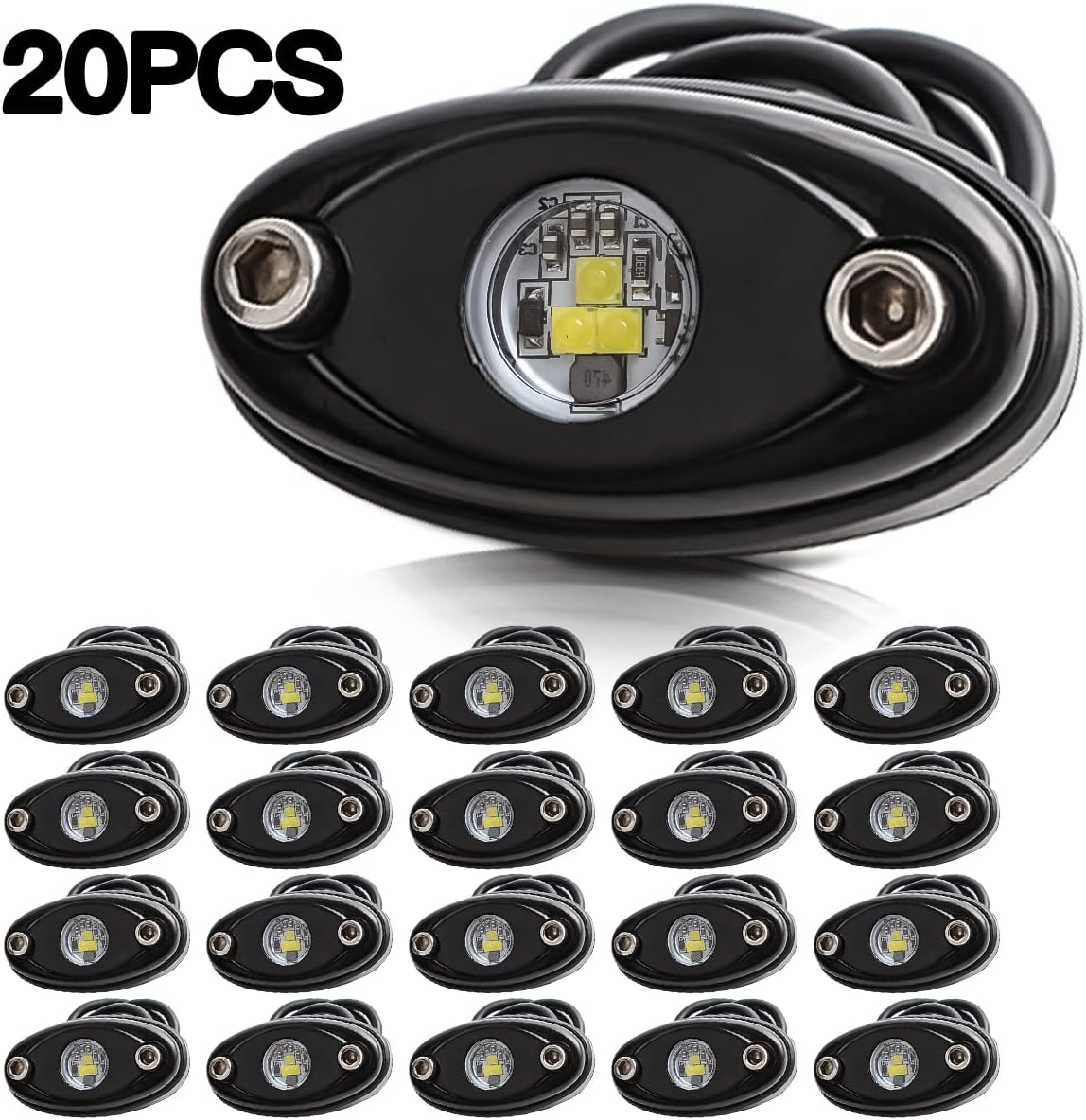 LEDUR White LED Rock Lights 20PCS for Off Road Truck RZR Auto Car Boat ATV SUV Waterproof High Power Neon Trail Rig Lights Shockproof/Pack of 20,White