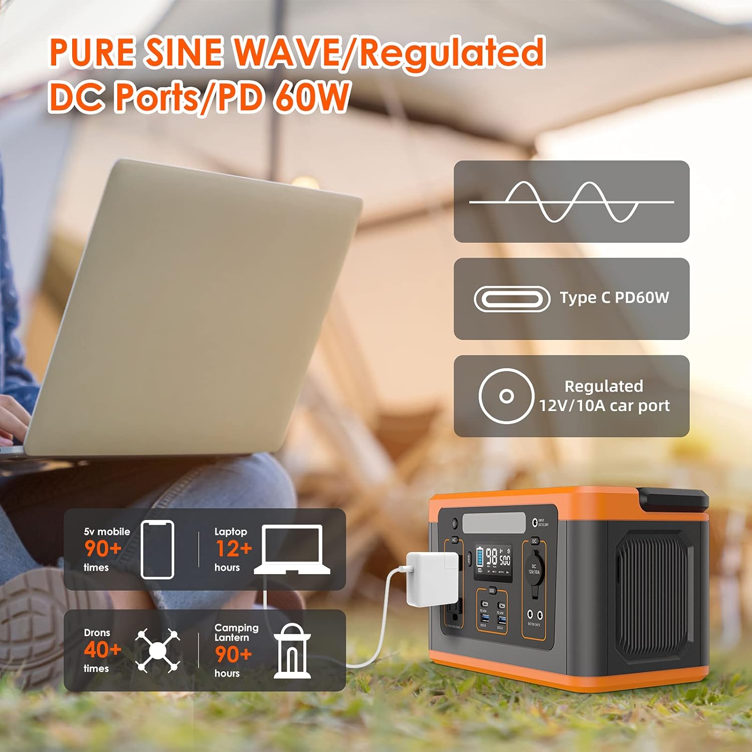 ALLWEI Portable Power Station, 560Wh Backup Lithium Battery, Regulated DC for mini Cooler, USB-C PD60W, 500W Pure Sine Wave AC Outlet Solar Power Generator for Outdoors Camping Travel Emergency
