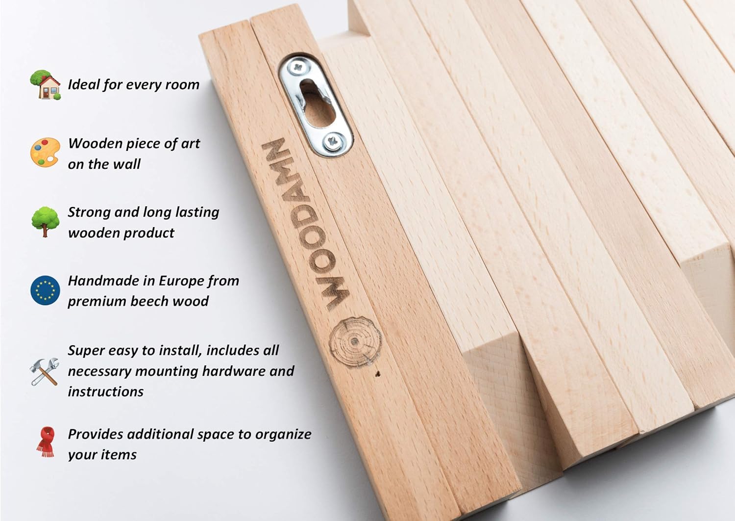 WOODAMN Wooden Coat Rack Wall Mounted, 5 Flip Down Hooks Handmade from Finest Wood in EU, This Ready to Hang Hanger Makes a Nice Home and Cabin Decor, Gives Room a Natural Touch Pack of 2