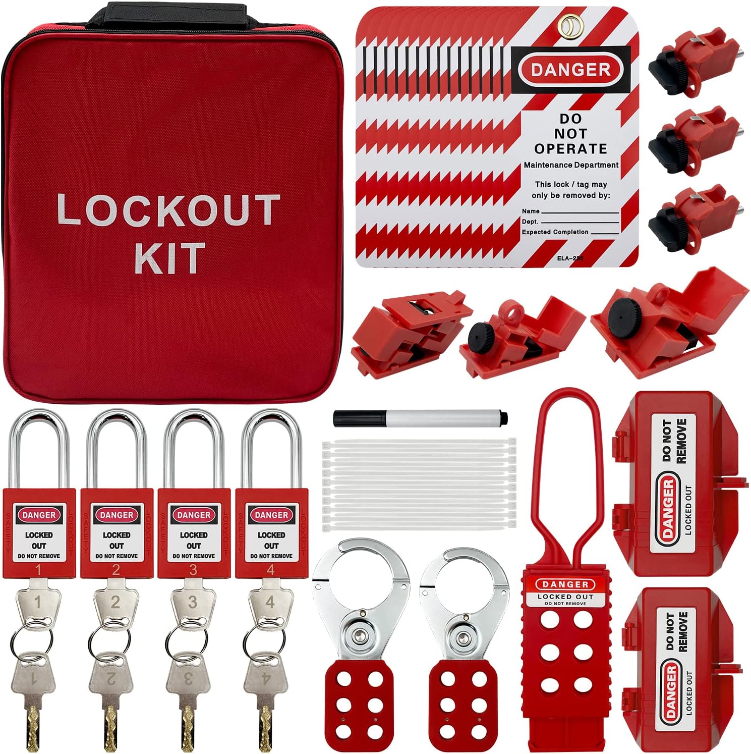Lockout Tagout Kit - Clamp-On Circuit Breaker Lockout , Group Lockout Hasps, Lockout Tag, Universal Multi- Pole Breaker with Pocket Bag (Black Kit)