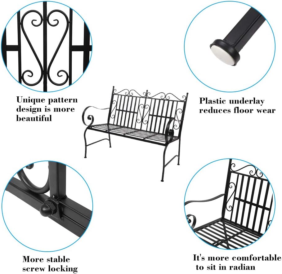 VINGLI Patio Steel Garden Bench with Black Finish, Weather Resistant Patio Metal Bench for Courtyards, Lawns, Balconies, Pools and Beaches Pack of 2