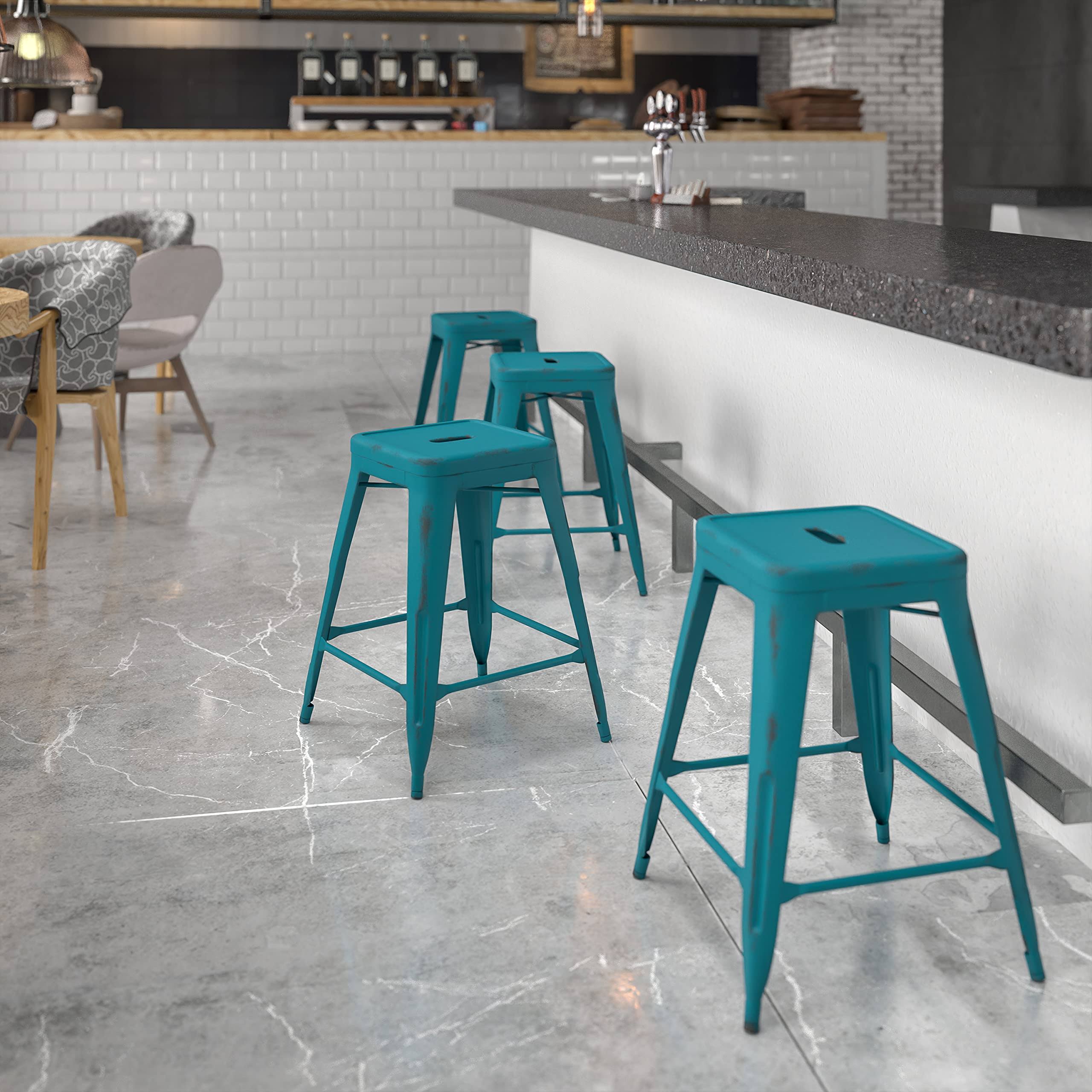 Emma + Oliver Commercial Grade 24x22 H Backless Distressed Blue-Teal Metal Indoor-Outdoor Stool