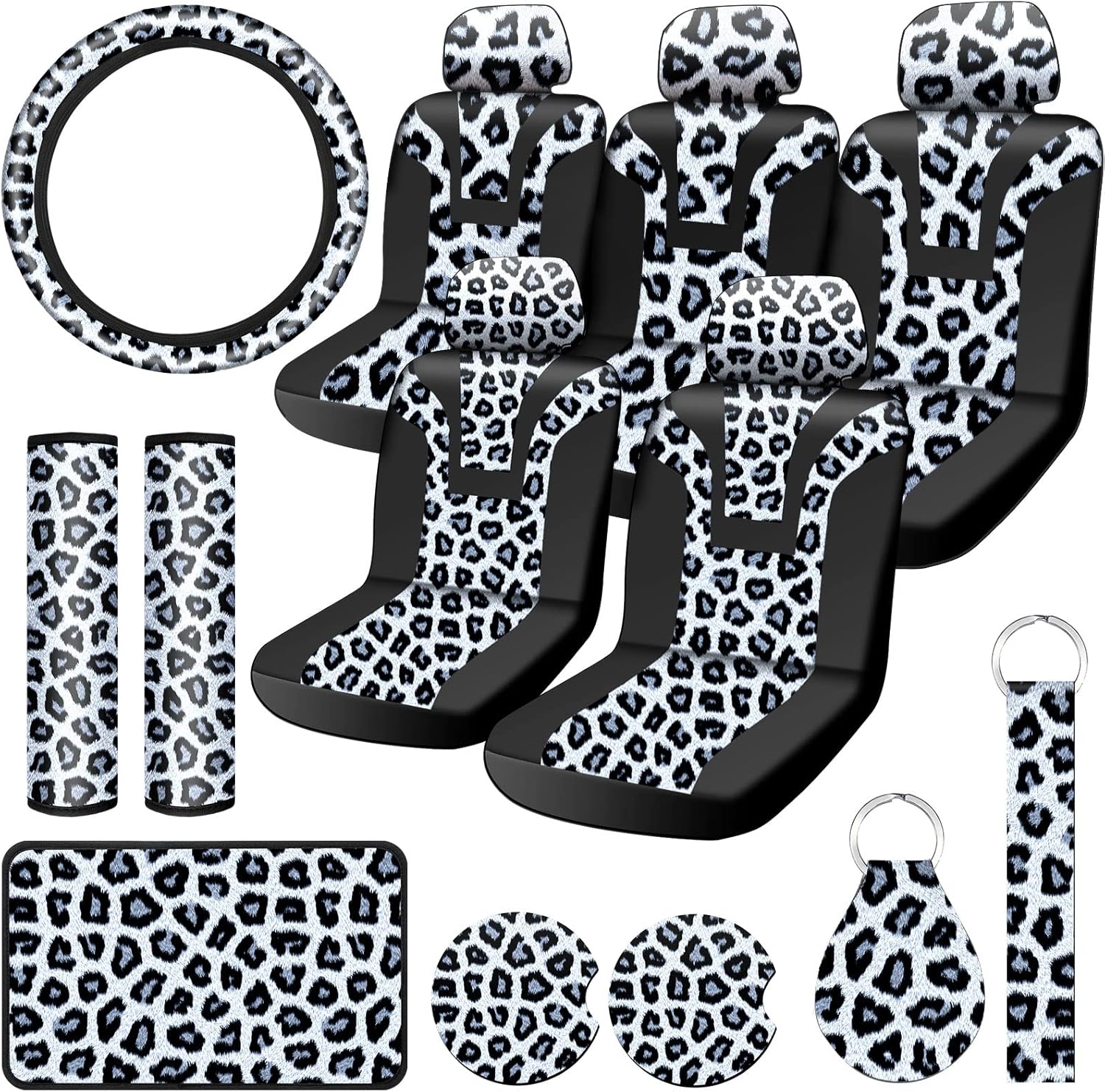 17 Pieces Leopard Print Car Accessories Set Leopard Car Seat Covers Full Set Car Coasters Steering Wheel Cover Armrest Pad Cover Seat Belt Pads Key Chain and Wrist Strap for Decoration and Protection