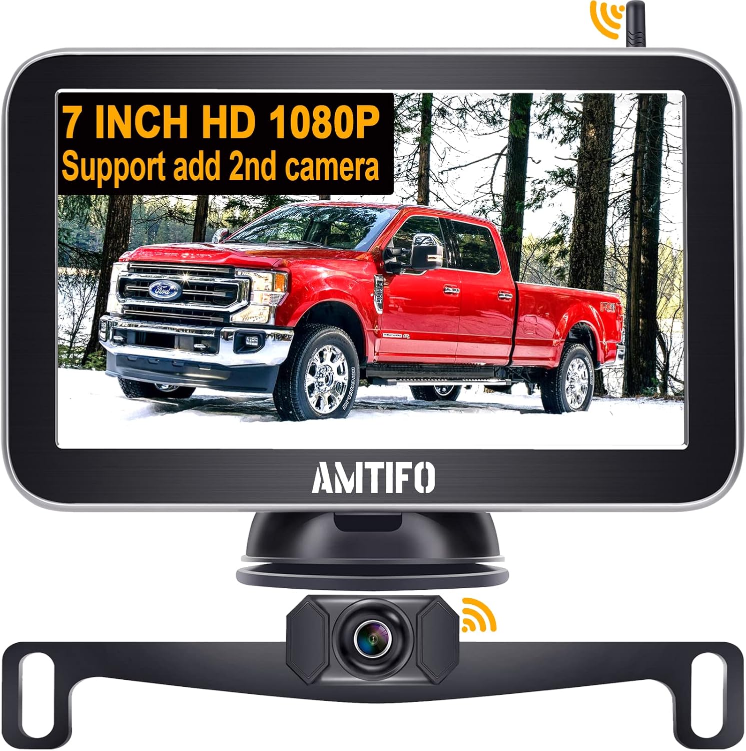 Wireless Backup Camera for Truck HD 1080P Car Bluetooth Backup Camera 7 Inch Monitor Rear View Camera Kit with Digital Signal,Support Add 2nd RV Camera/Licence Plate Backup Camera - AMTIFO AM-W70