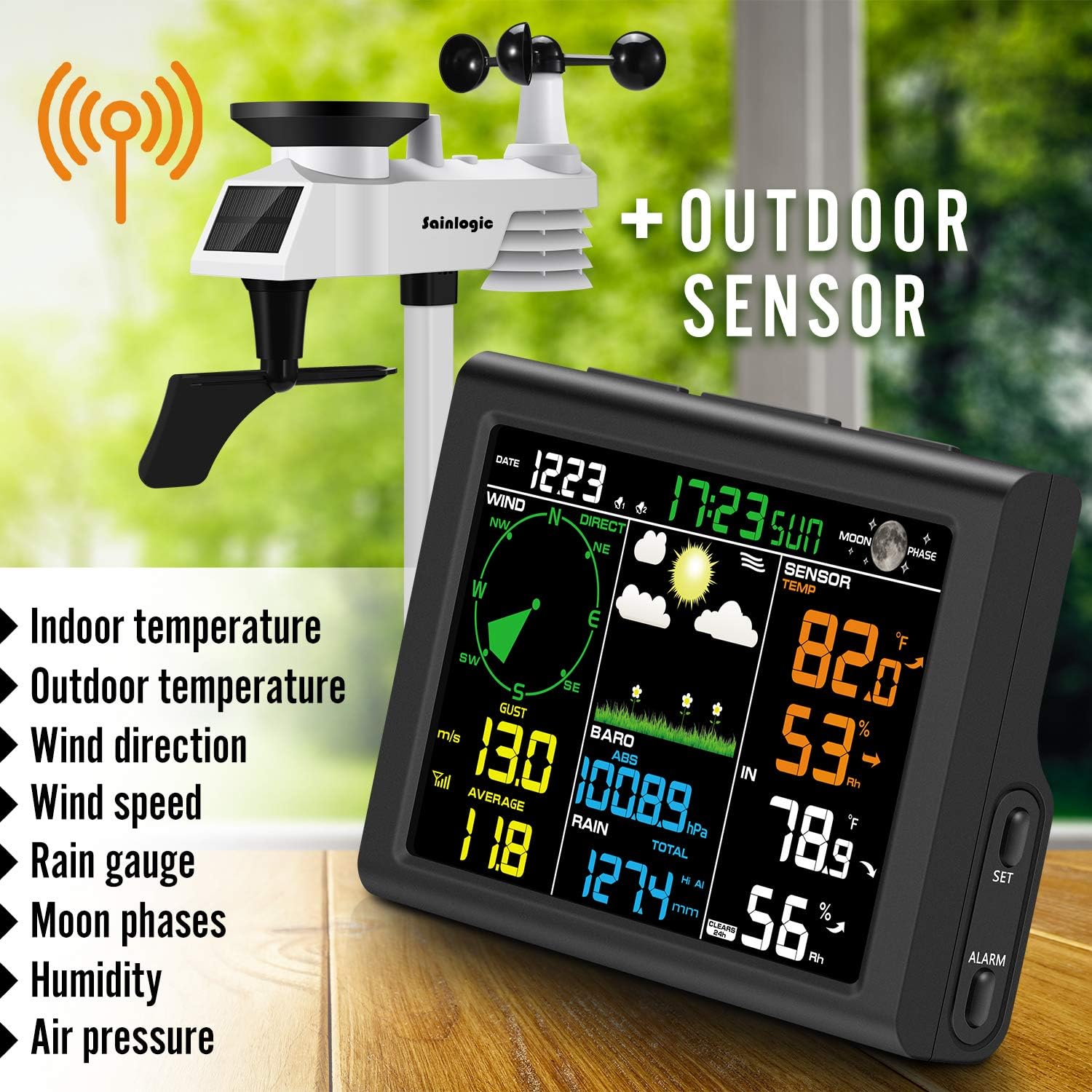 Sainlogic Wireless Weather Station with Outdoor Sensor, 8-in-1 Weather Station with Weather Forecast, Temperature, Air Pressure, Humidity, Wind Gauge, Rain Gauge, Moon Phrase, Alarm Clock (Black)