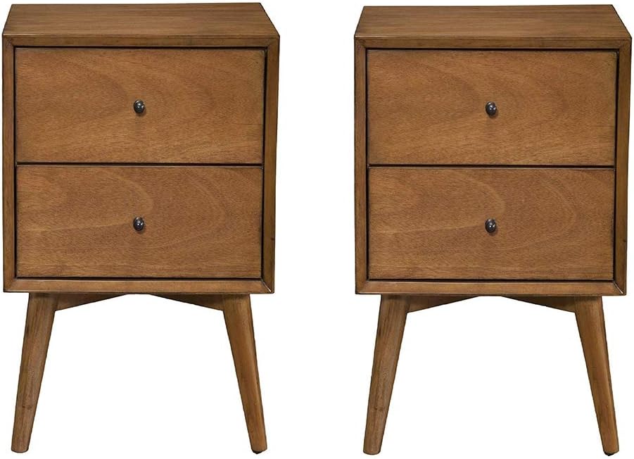 Alpine Furniture Flynn Mid Century Modern 2 Drawer Nightstand, Acorn (2 Pack)