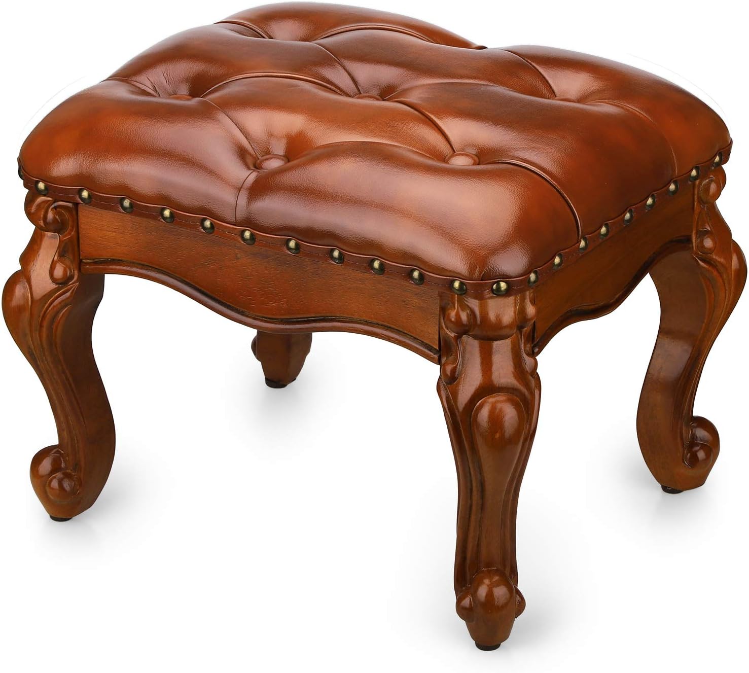 Small Foot Stool for Living Room Brown Leather Ottoman Stools for Foot Rest Solid Rubber Wood Simple Assembly (Light Brown) Pack of 2