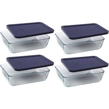 Pyrex 7211 6-Cup Rectangle Glass Food Storage Dish w/ 7211-pc 6-Cup Blue Lid Cover (4-Pack)
