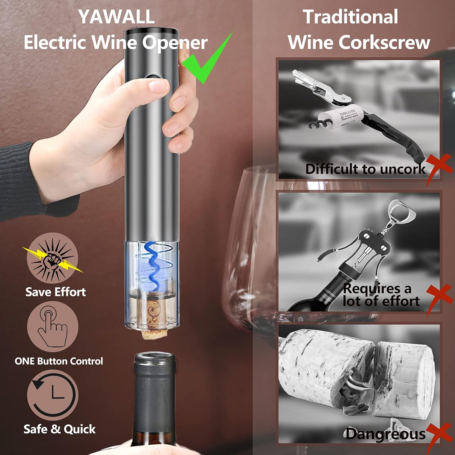 Electric Wine Opener, Rechargeable Automatic Bottle Corkscrew Opener Set with Foil Cutter and Vacuum Wine Stopper, Stainless Steel, Black Pack of 2