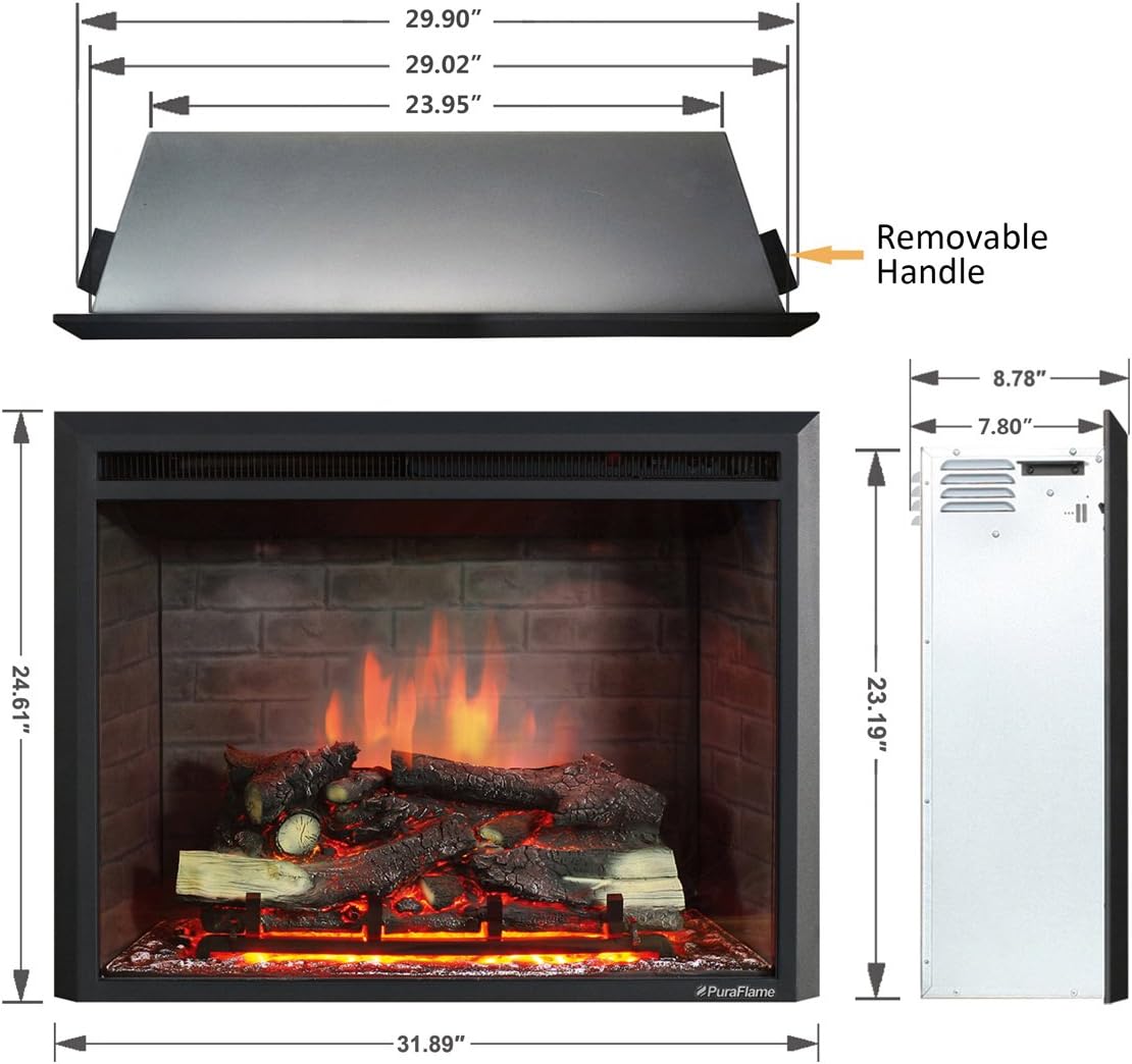PuraFlame Western Electric Fireplace Insert with Fire Crackling Sound, Remote Control, 750/1500W, Black, 29 59/64 Inches Wide, 23 3/16 Inches High