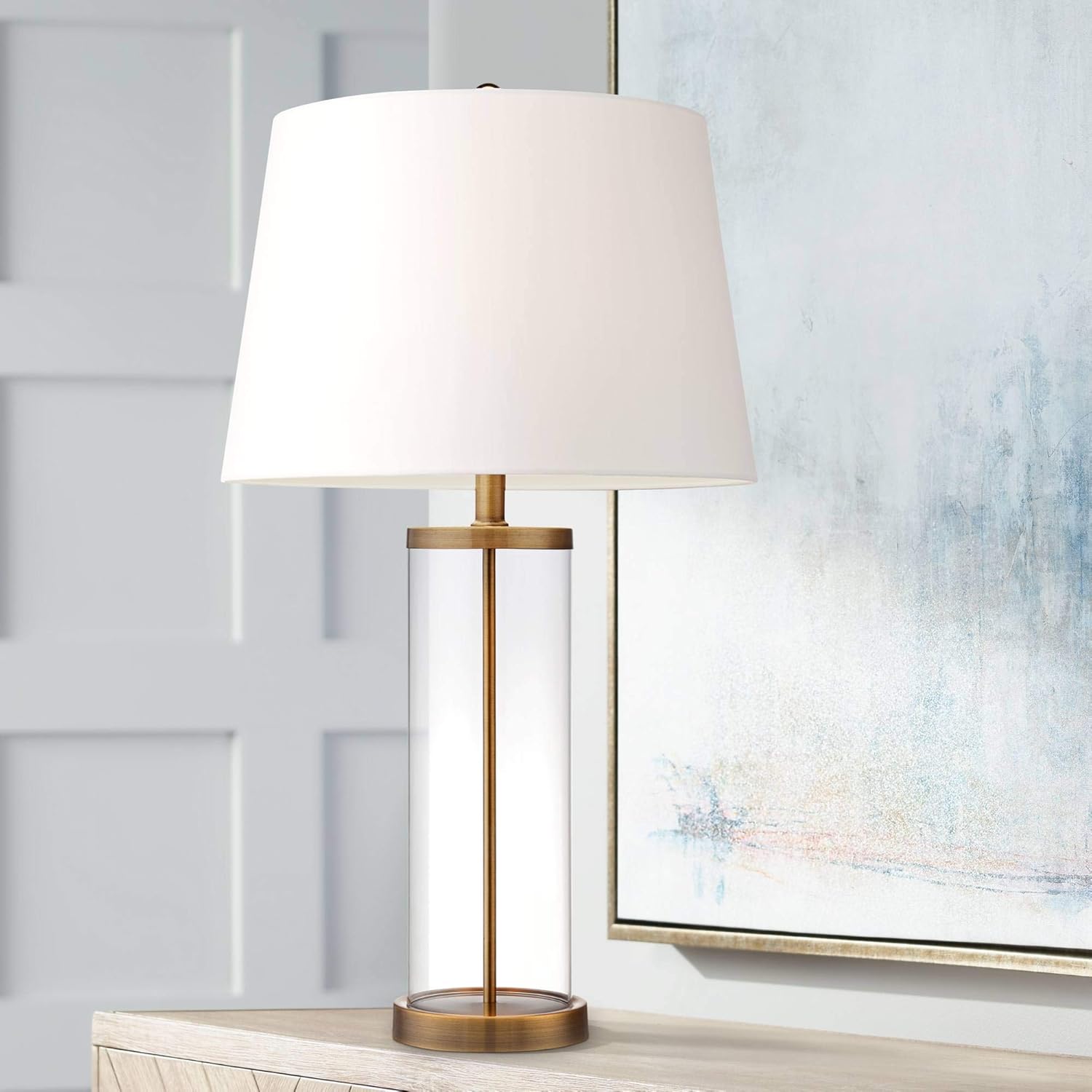 Modern Coastal Style Table Lamps Set of 2 Fillable Clear Glass Steel Metal White Empire Fabric Shade for Living Room Bedroom Beach House Bedside Nightstand Home Office Family - 360 Lighting