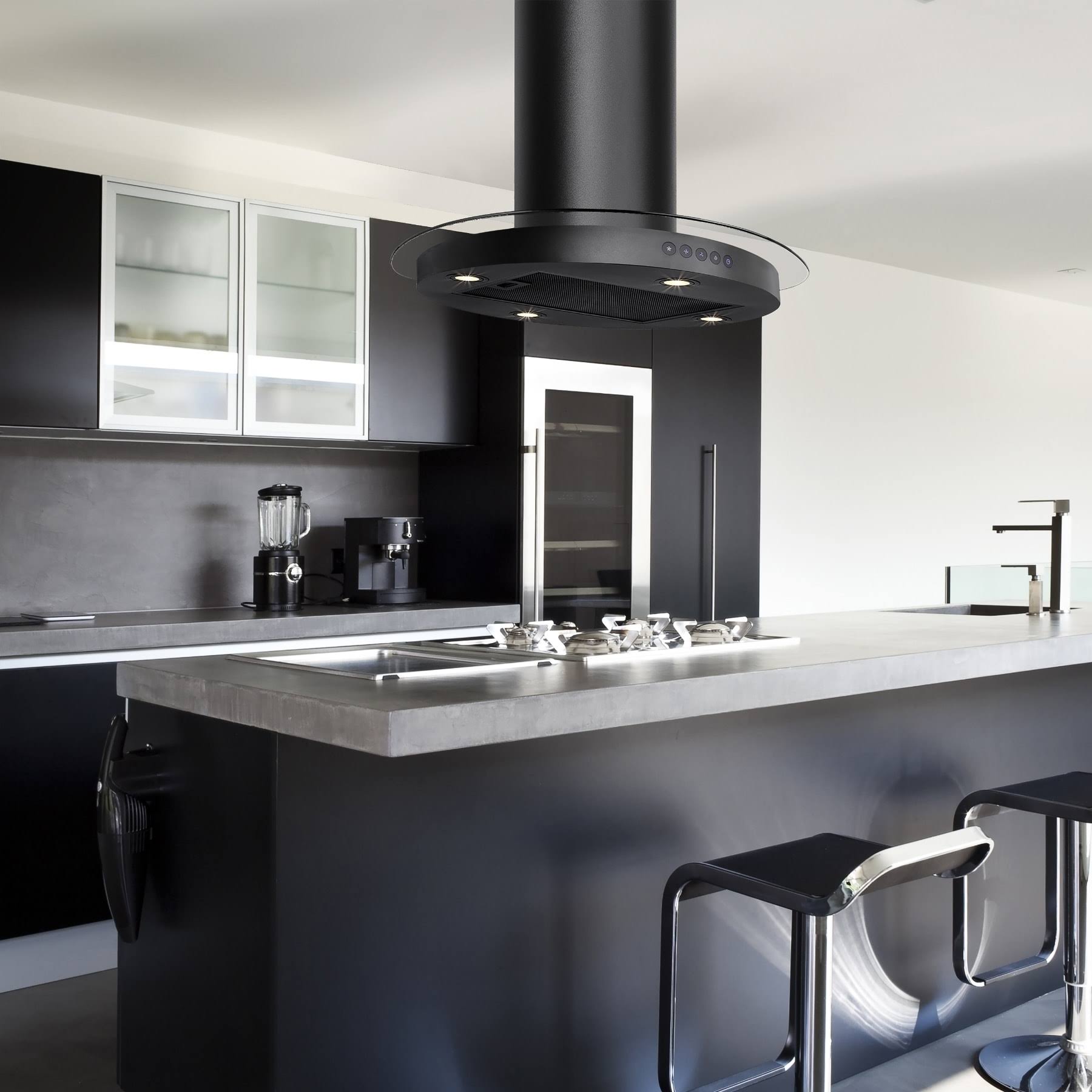 AKDY 30 in. Convertible Kitchen Island Mount Range Hood in Black Painted Stainless Steel with Tempered Glass