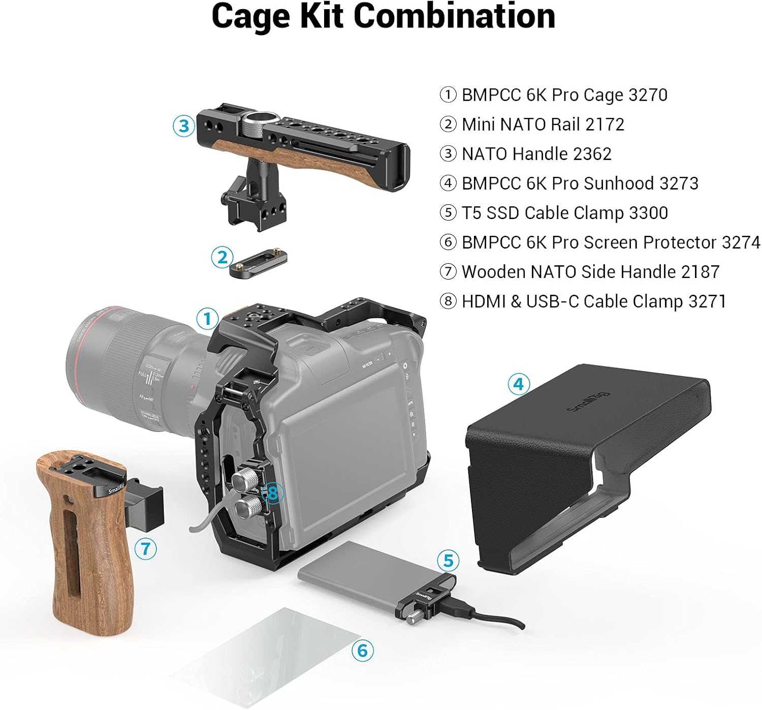 SMALLRIG Camera Cage Accessory Kit for BMPCC 6K Pro, with Top Handle Wooden Side Handle HDMI Cable Clamp SSD Clamp Sunhood NATO Rail Screen Protector for Blackmagic Pocket Cinema Camera 6K Pro- 3299