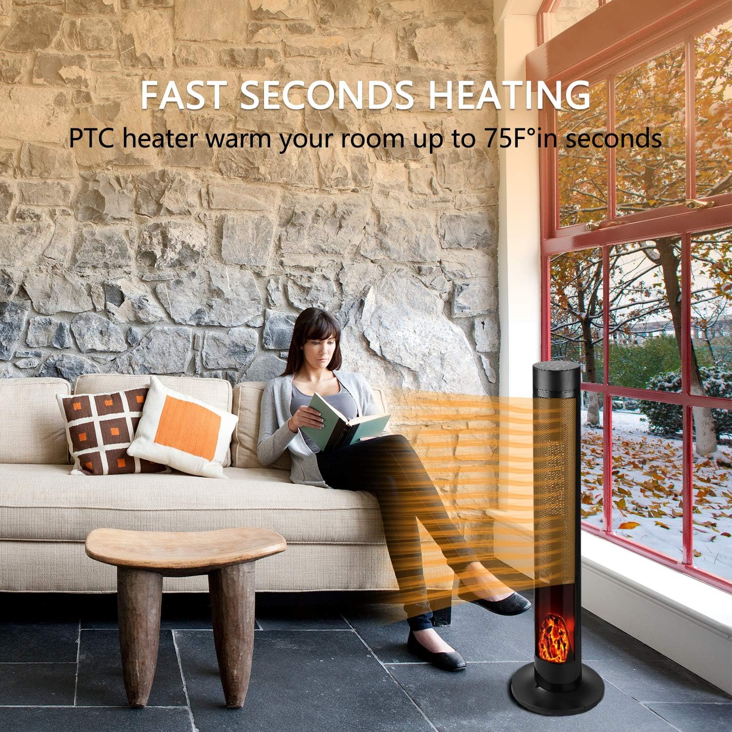 Electric Tower Space Heater 12h Timer Shaking Angle Tip-Over and Overheat Protection with Remote Control and Simulated Flame size 11.8