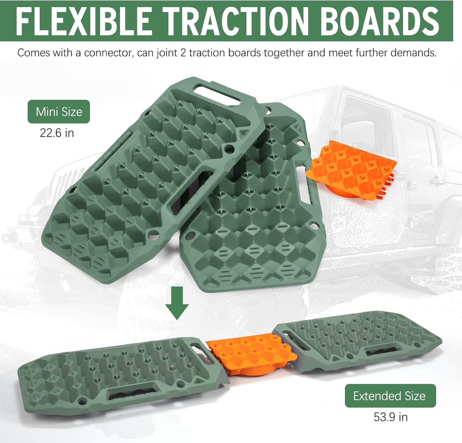 Kanruis Traction Boards Recovery Tracks 2Pcs 15T Off-road Traction Tracks with Jack Lift Base Mini Snow Mud Sand Tire Ladder Mat for 4x4 4WD Jeep Truck Trailer (Green)