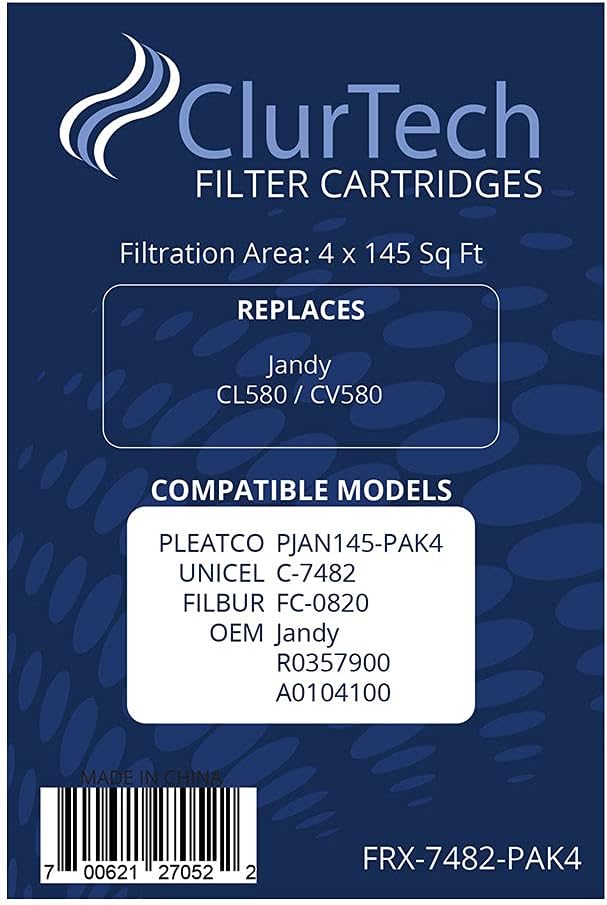 ClurTech FRX-7482-PAK4 4 Pack Jandy CL580 CV580 PJAN145-PAK4 C-7482 FC-0820 R0357900 A0104100 Replacement Pool or Spa Filter Cartridge, White