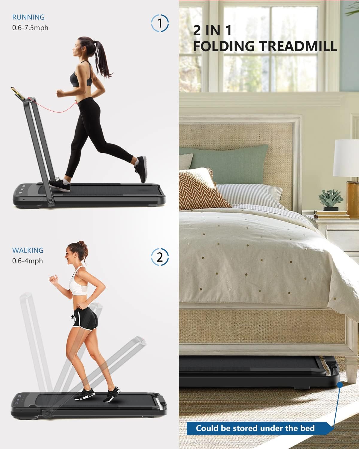 LYNSOM Under Desk Treadmill, Compact 2 in 1 Folding Treadmill with Remote Control, Walking Treadmill Foldable with 12 Preset Programs for Home Office Use, Black