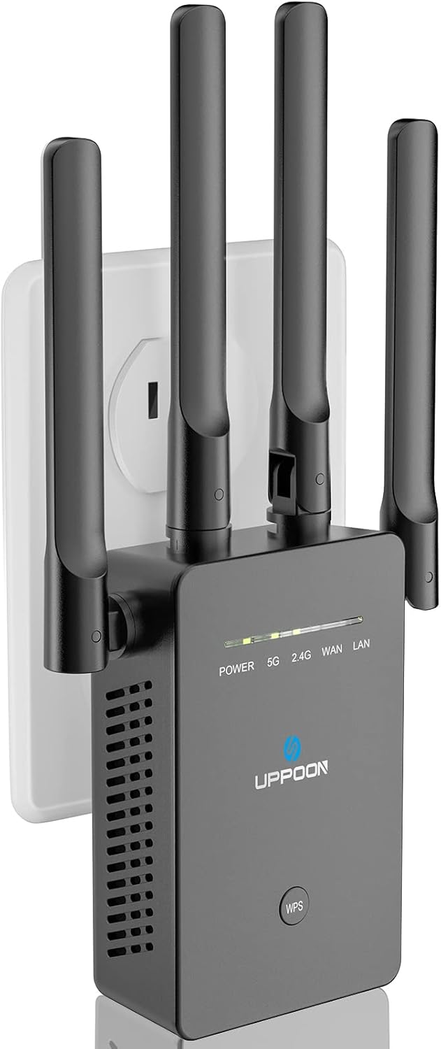 UPPOON WiFi Extender Signal Booster for Home, 1200Mbps Internet Booster Covers up to 5000sq.ft, 2.4 & 5GHz Dual Band Wireless Signal Amplifier Repeater, 1-Tap Setup, WAN/LAN Port, 5 Working Mode Pack of 2