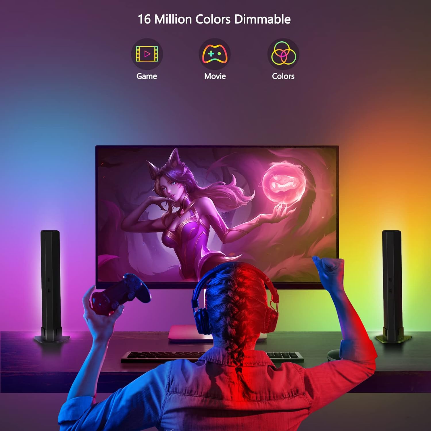 Jizbuger Smart LED Light Bars, RGB Light Bars with 20 Scene Modes and Music Sync Modes, White & Color LED Lights for TV Ambient Lighting, Gaming, Party, PC, Room Decor Pack of 2