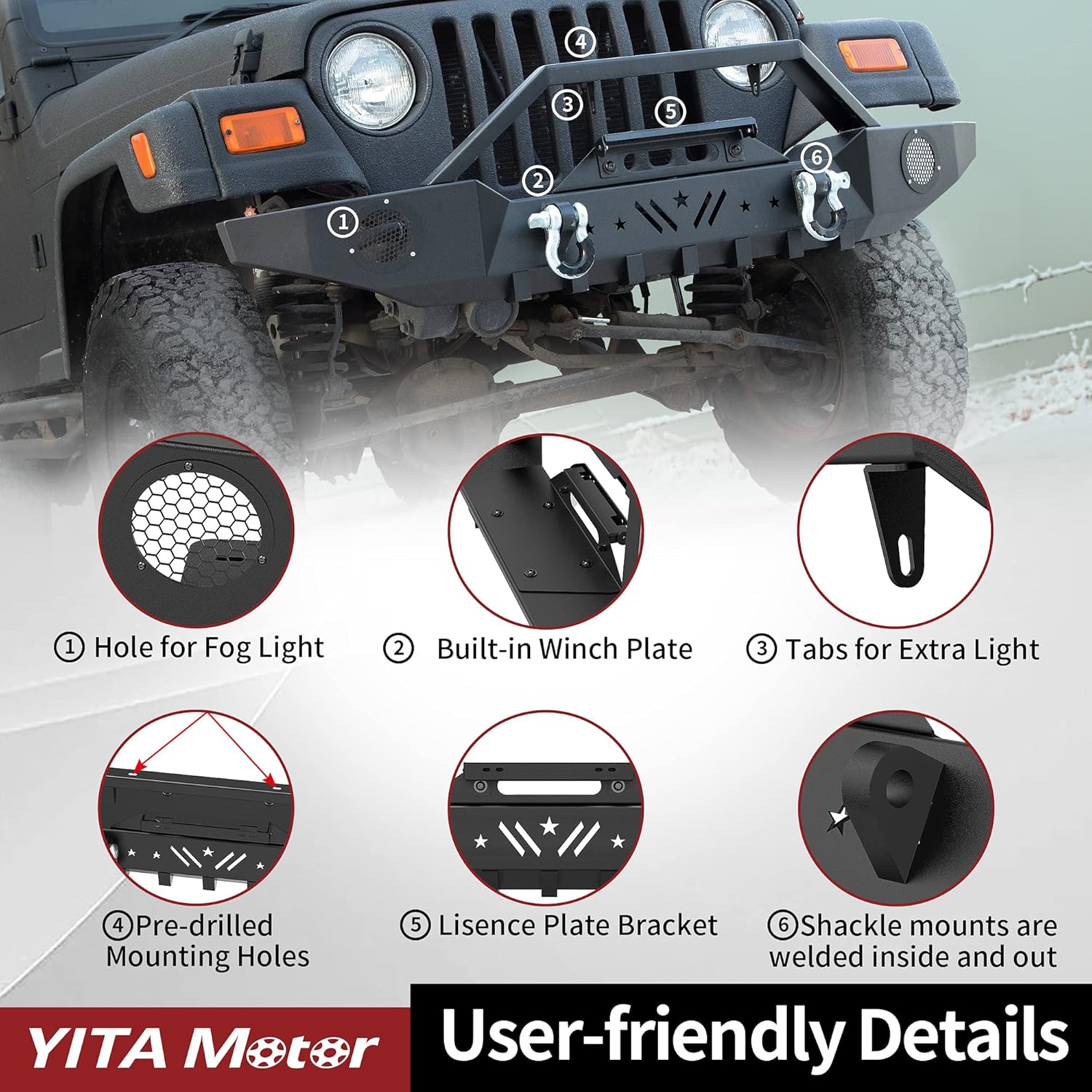 YITAMOTOR Front Bumper Compatible for 1997-2006 Jeep Wrangler TJ, Off Road Rock Crawler Textured Black Bumper with Winch Plate & 2 &times; D-Rings