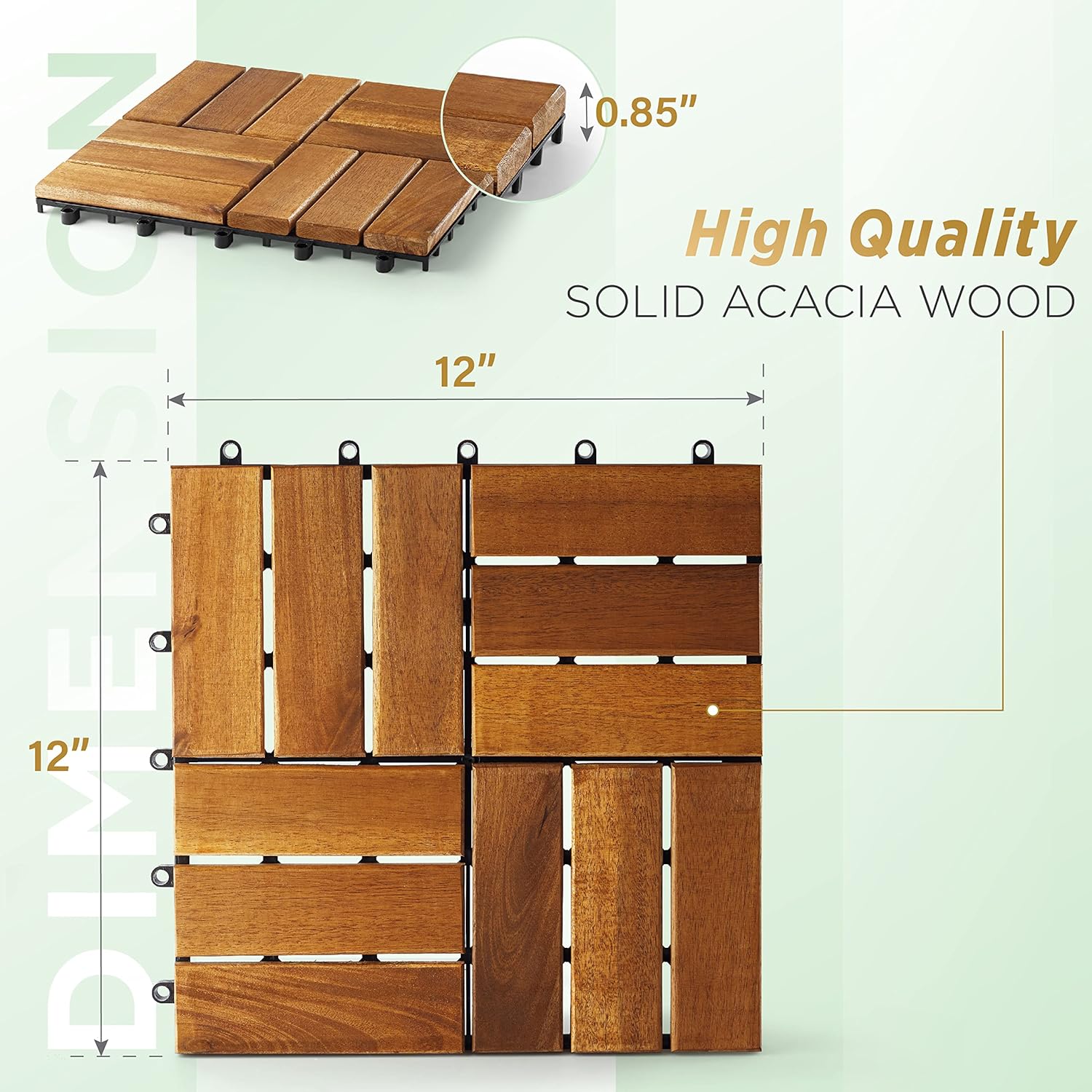 TAITIAT Solid Wood Interlocking Flooring Tiles (Pack of 10,12inx12in),Acacia Deck Tiles,Floor Tiles for Both Indoor and Outdoor Use,Waterproof All Weather(12 Slat,Natural Color)
