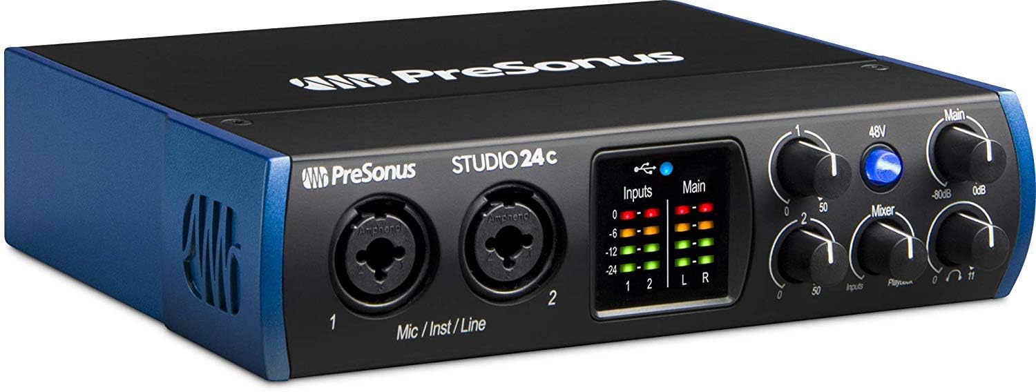 PreSonus Studio 24c 2x2 USB Type-C Audio/MIDI Interface with PD-70 Dynamic Cardioid Broadcast Microphone & Arm Accessory Pack