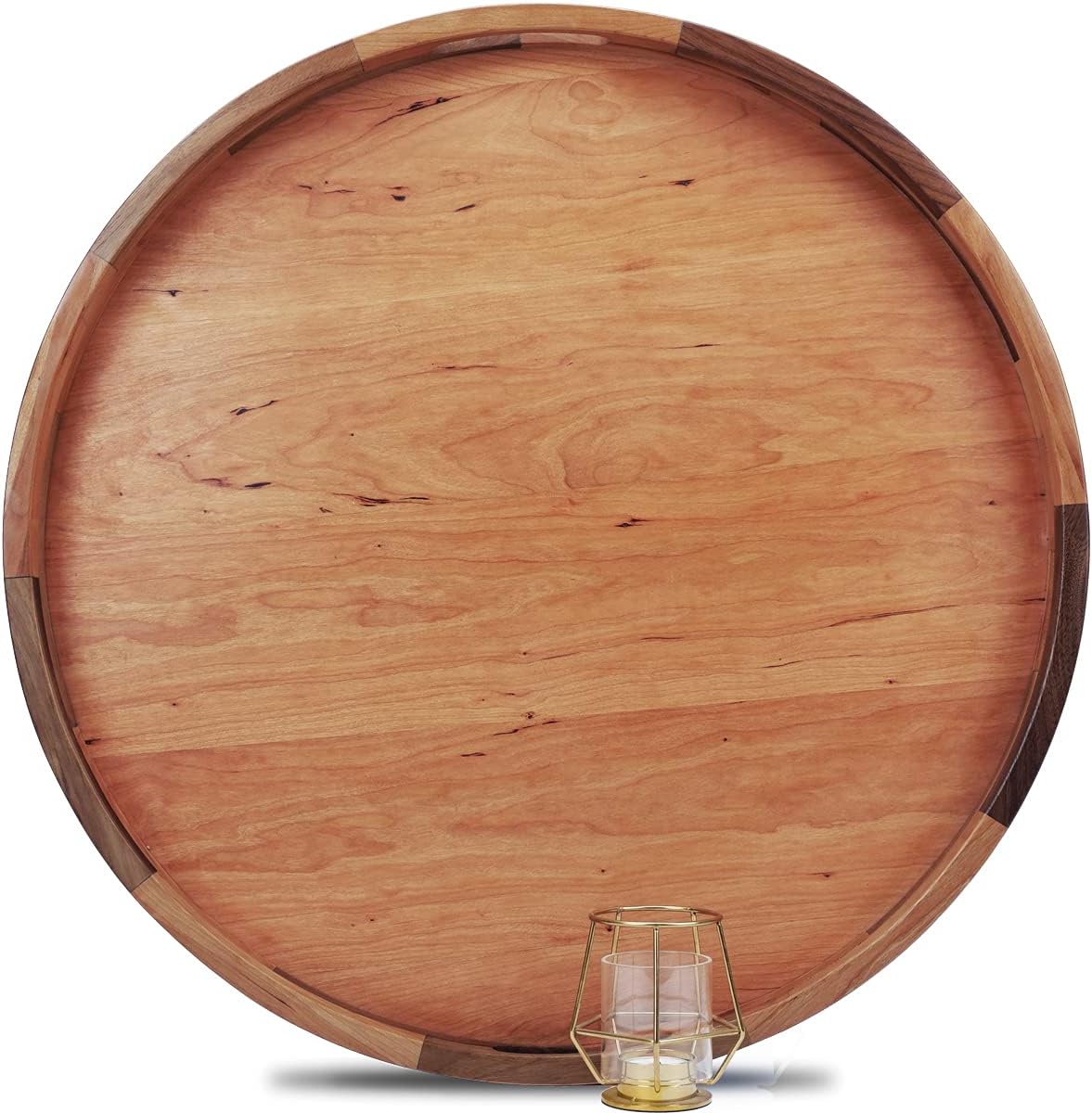 MAGIGO 24 Inches Extra Large Round Black Walnut Wood Ottoman Tray with Handles, Serve Tea, Coffee or Breakfast in Bed, Classic Circular Wooden Decorative Serving Tray