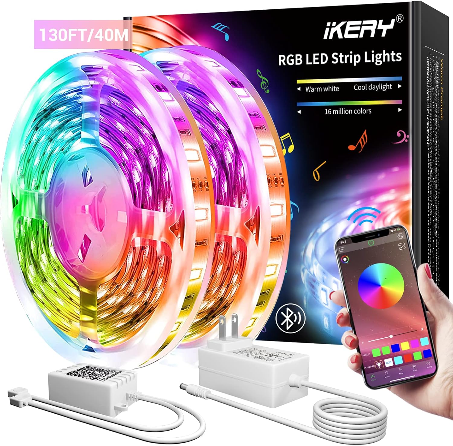 130ft Led Lights for Bedroom, IKERY APP Control RGB Music Sync Led Strip Lights SMD5050 , Led Lights for Room Party Home Decoration Pack of 2
