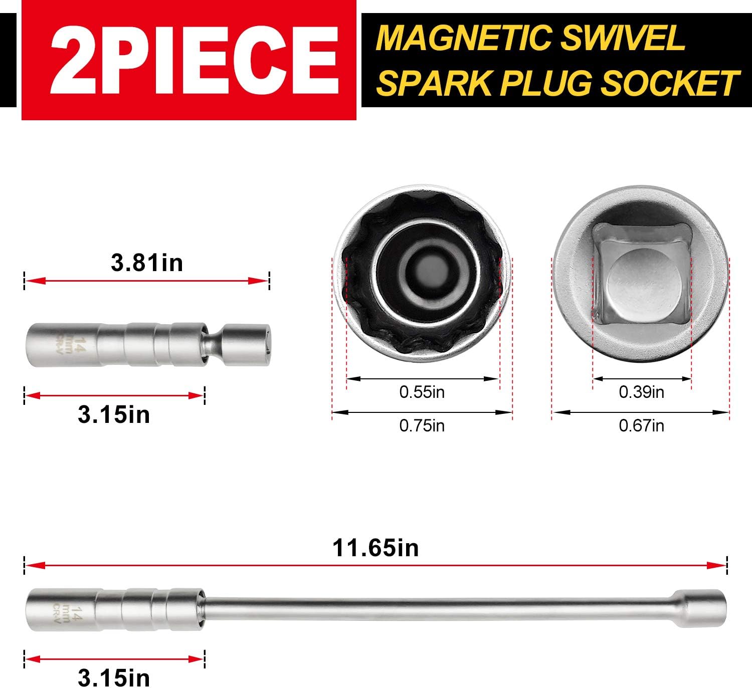 FUN-DRIVING 14mm & 16mm 3/8-inch Drive Magnetic Spark Plug Socket Set, Universal Joint 3/8-Inch Drive 12 PointSocket Removal Tool (16mm+14mm Short+Long,4 Pack)