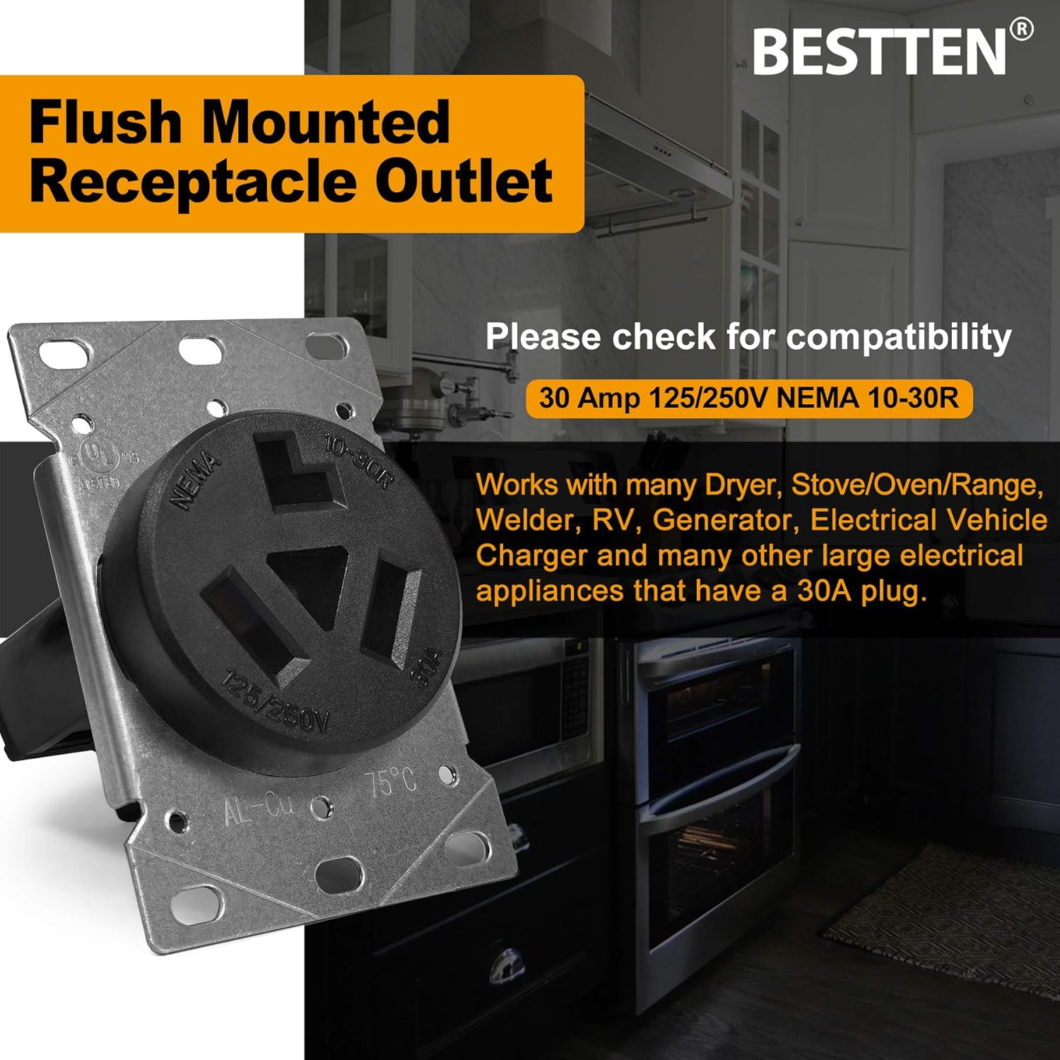 BESTTEN 30 Amp Flush Mounted Receptacle, Dryer Outlet, Commercial Grade, NEMA 10-30R, 125/250V, 3-Pole, 3-Wire, No Ground, UL Listed, Black