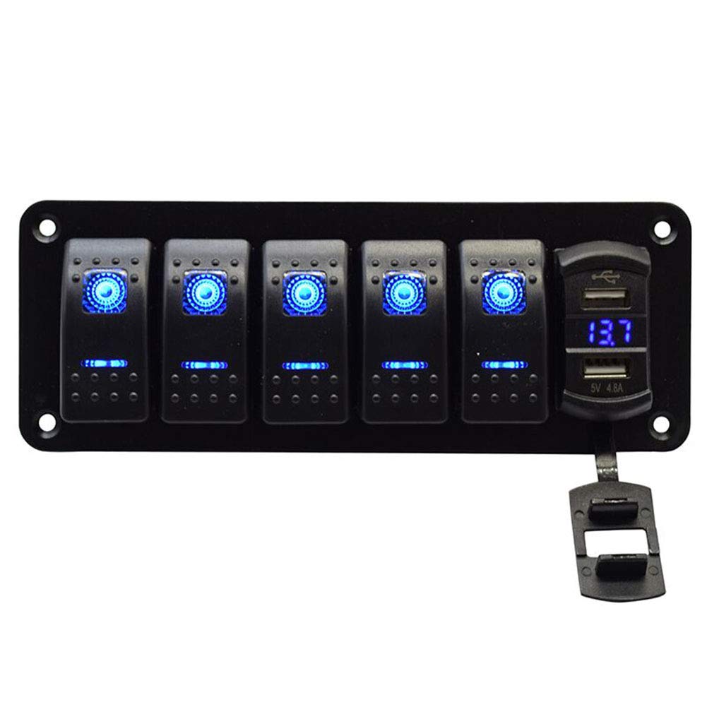 5 Gang Rocker Switch Aluminum Panel with 4.8 Amps Dual USB Rocker Style Fast Charger with Voltmeter Blue Backlit Led Pre-Wired for Marine Boat RV Truck (Blue) Pack of 2