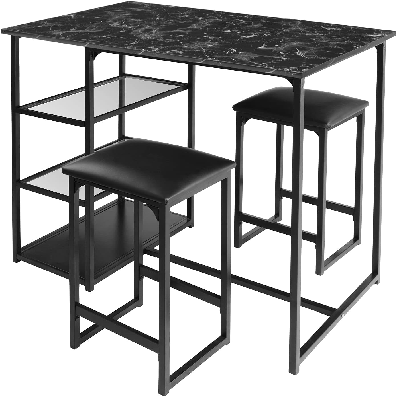 BAHOM 3 Piece Bar Table Set for 2, Counter Height Dining Table Set with 2 Bar Stools and 3 Open Storage Shelves for Home, Kitchen, Bistro, Restaurant, Small Space (Dark Gray)