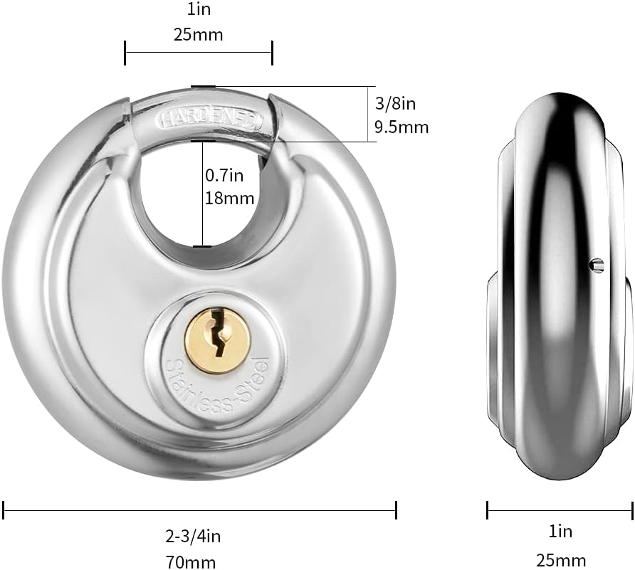 CINCINNO Keyed Alike Disc Padlock, 6 Pack Stainless Steel Discus Lock with 2-3/4 in. Wide, 3/8 in. Diameter Shackle, Waterproof Discus Lock for Storage Unit, Sheds, Garages and Fence
