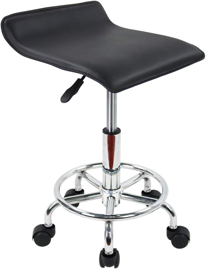 KKTONER Square Height Adjustable Rolling Stool with Foot Rest PU Leather Seat Cushion Spa Drafting Salon Tattoo Work Swivel Office Stools Task Chair Black