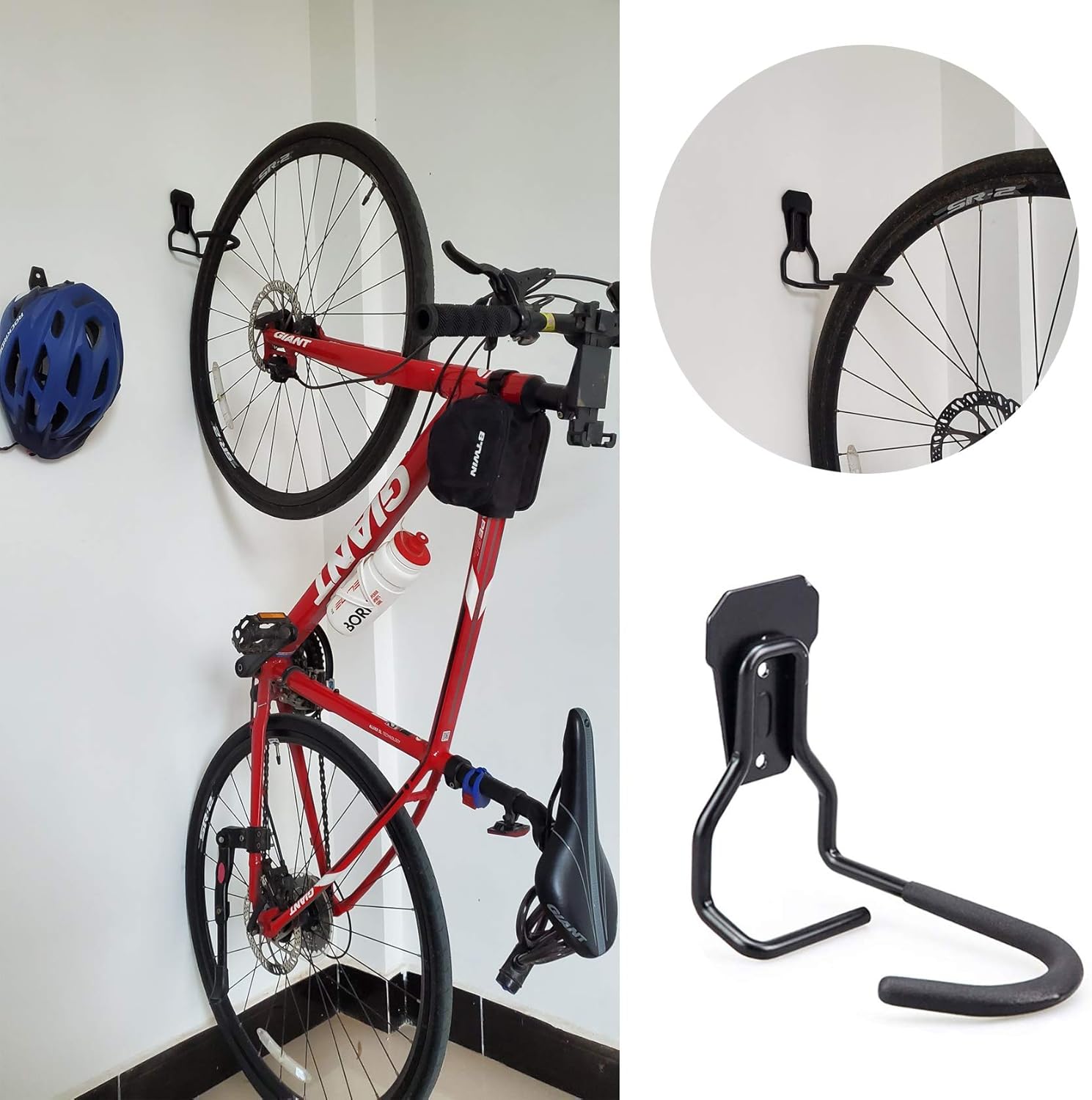 Vertical Bike Hooks for Garage Wall, Bike Wall Mount Hanger Storage System, Garage Bike Rack for Indoor Shed - Easily Hang/Detach - Heavy Duty Holds up to 66 lb (Screw Included)