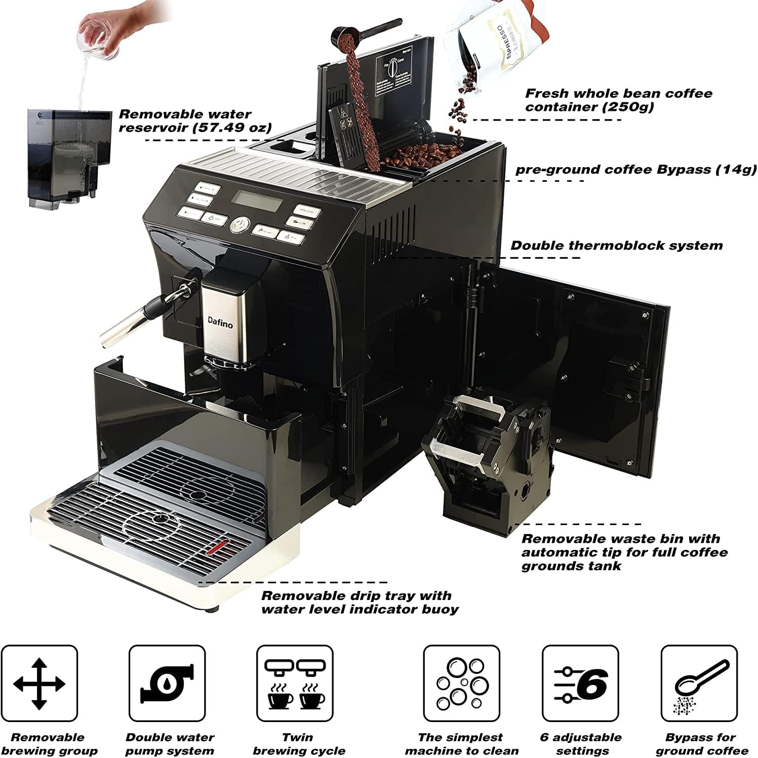 LOTTARE Dafino-205 Fully Automatic Espresso Machine w/ Milk Frother - Black