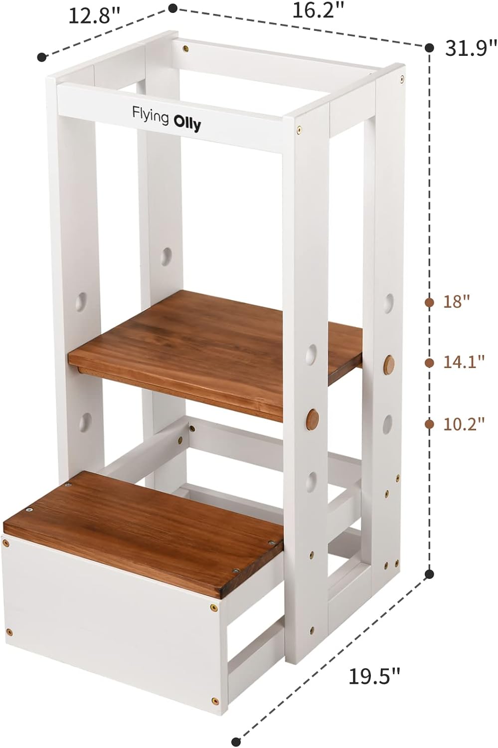 FLYING OLLY Step Stool for Kids, Kitchen Helper, Toddler Solid Wooden Standing Tower with Safty Rail , 3 Height Adjustable Mothers' Helper, Accent Kids Furniture for Kitchen Counter, Bathroom Sink