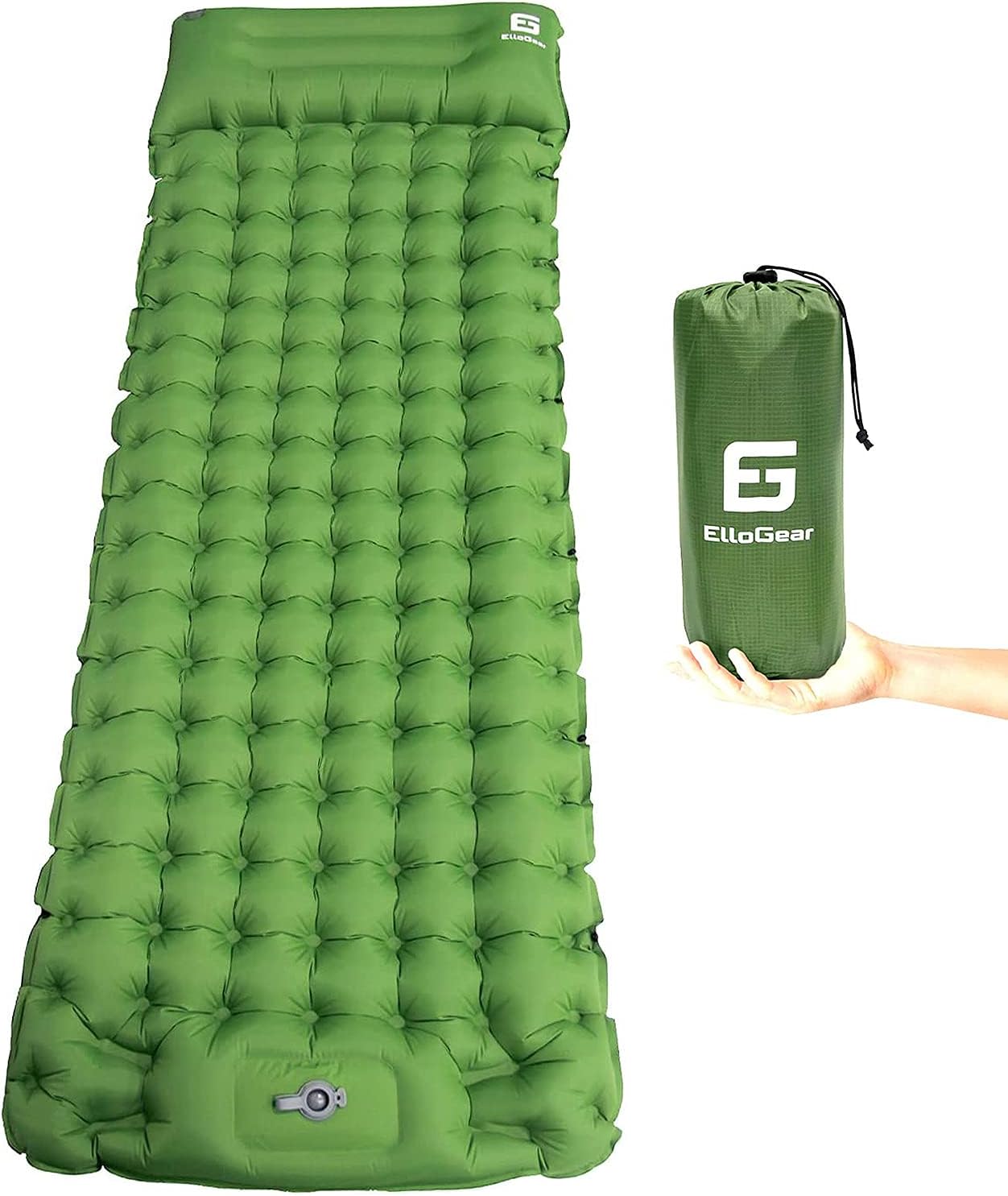 ElloGear Camping Self-Inflating Air Sleeping Pad Mat Foot Pump with Pillow, Great Compact Air Sleeping Pad for Tent Travel, Backpacking, Hiking, Sleeping Over (Green)