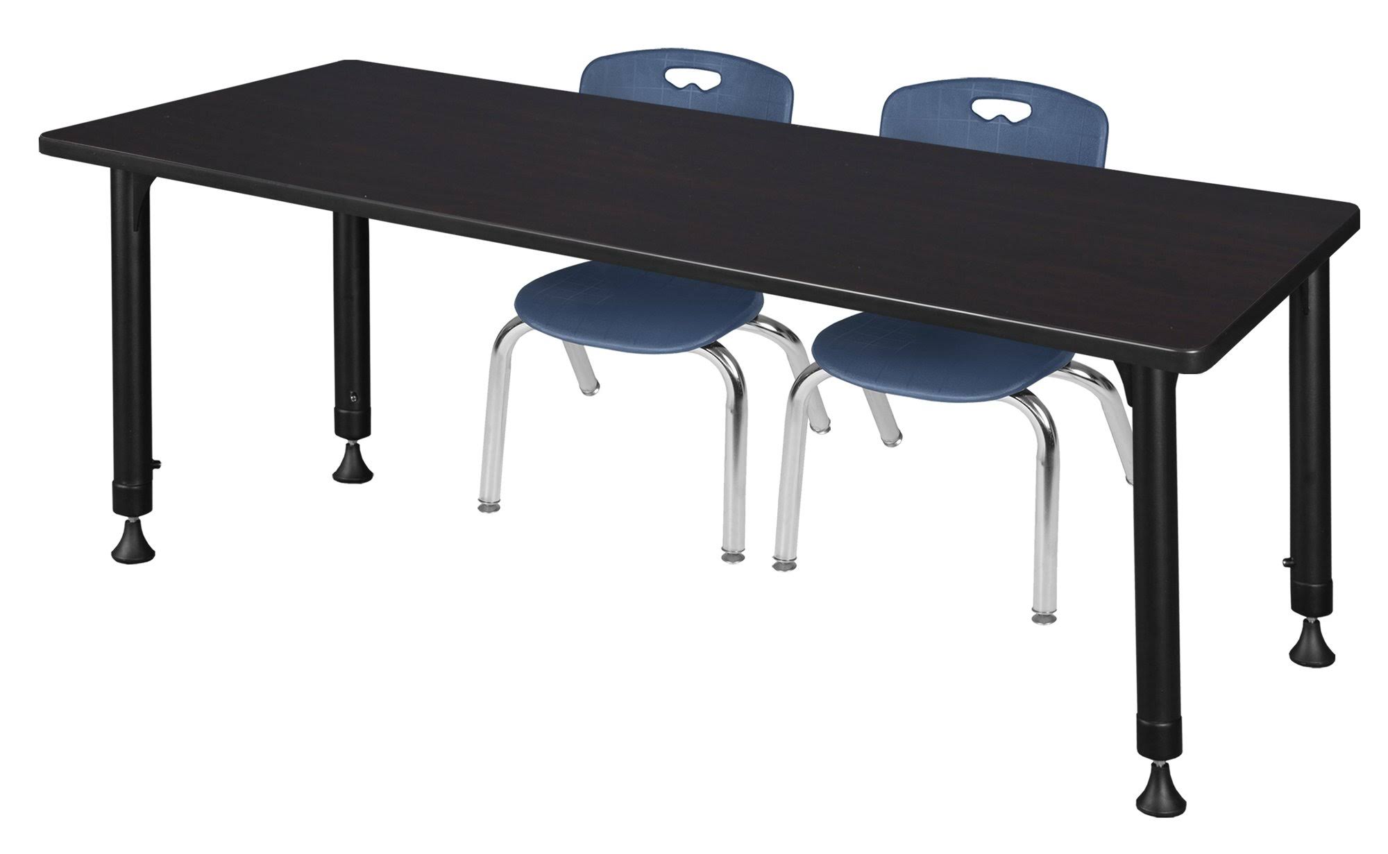 Regency Kee 60x22 x 24x22 Height Adjustable Classroom Table - Mocha Walnut u0026 2 Andy 12-in Stack Chairs- Navy Blue