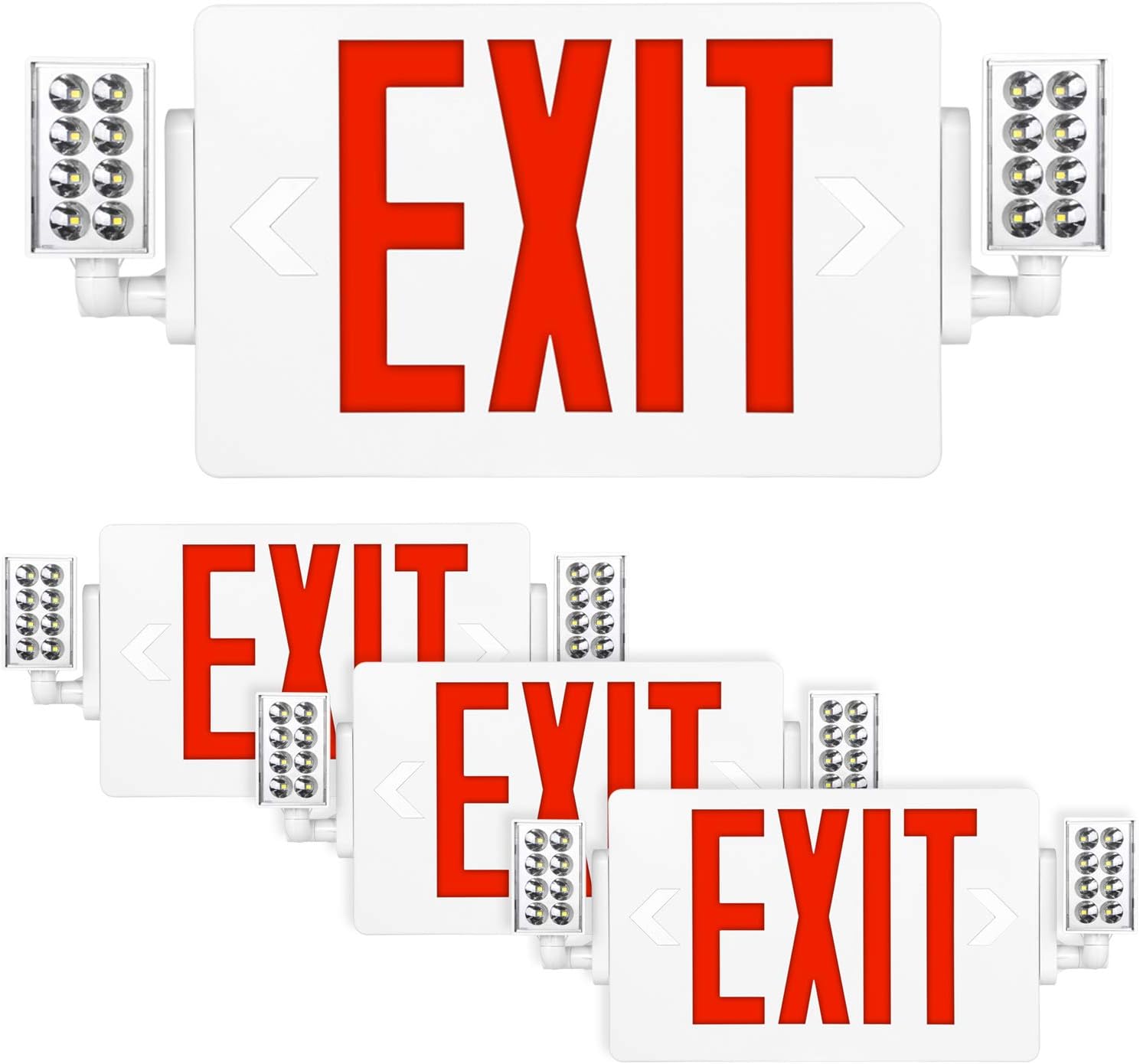 Hykolity Red Exit Sign, 120-277V Double Face LED Combo Emergency Light with Adjustable Two Head and Backup Battery - 4 Pack