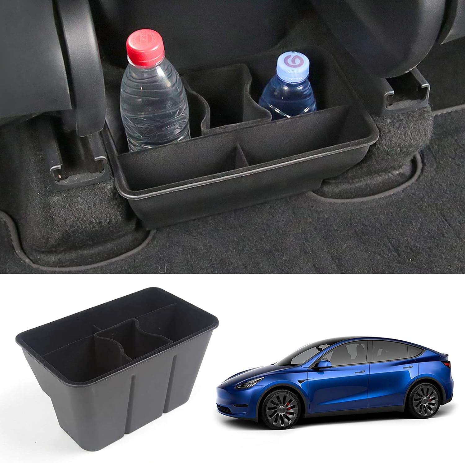 Bomely Fit Tesla Model Y Under Seat Storage Boxs Organizer Tray Rear Middle Flocking Box For Tesla Model Y Accessories 2020 2021 2022(Set of 3 ABS Boxes)