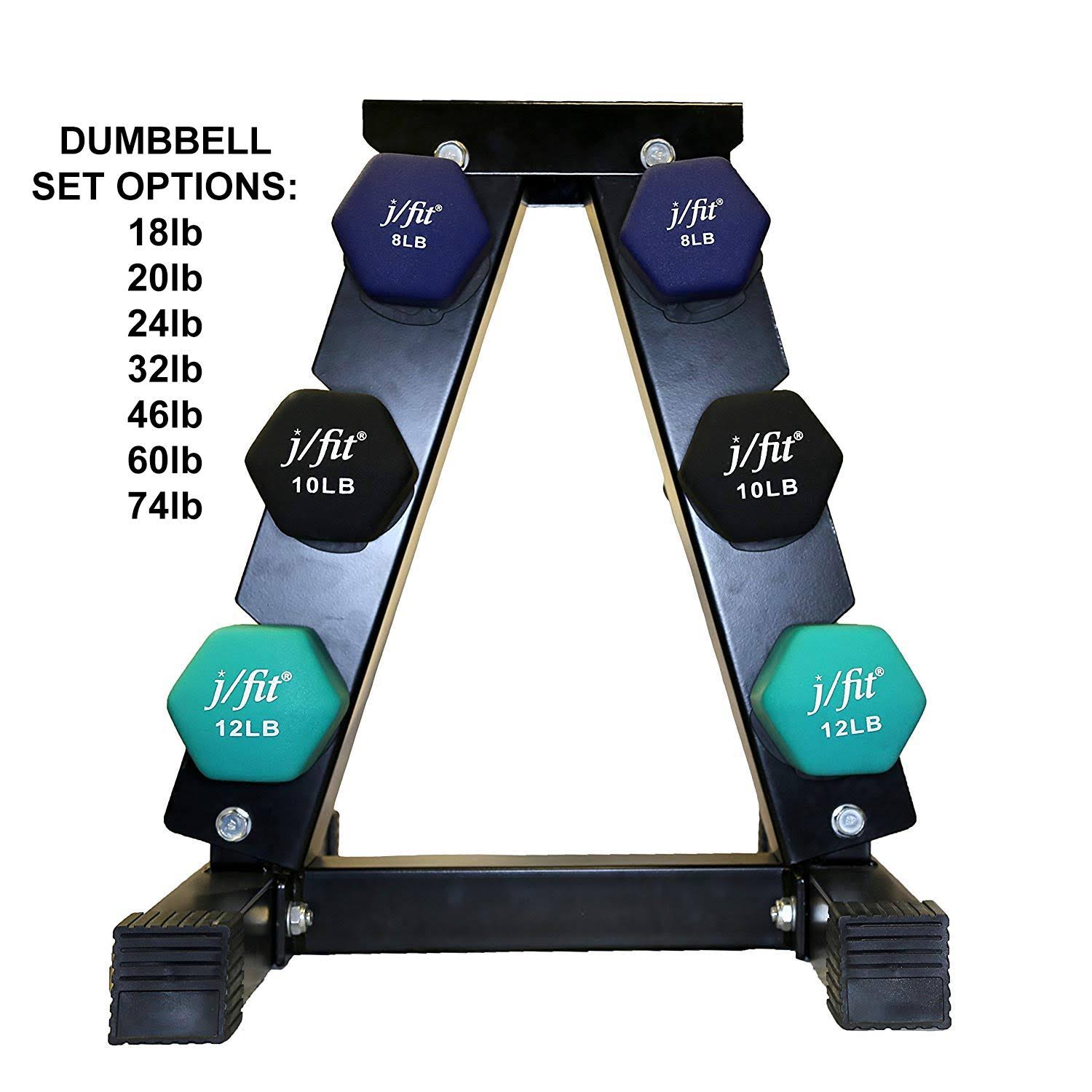 J/fit Dumbbell Set w/Durable Rack | Solid Design | Double Neoprene Coated Workout Weights Non-Chip and Flake | Dumbbells Sets fo
