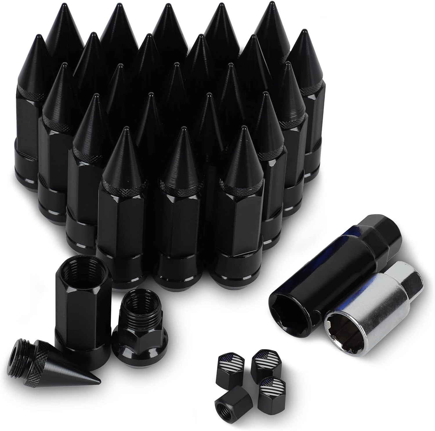 YeshineAuto M14x1.5 Anti Theft Wheel Spike Lug Nut,24 PCS Spiked Lug Nuts,Wheel Accessories Parts Spikes Lug Nuts with 2 PCS Socket Keys(Black)