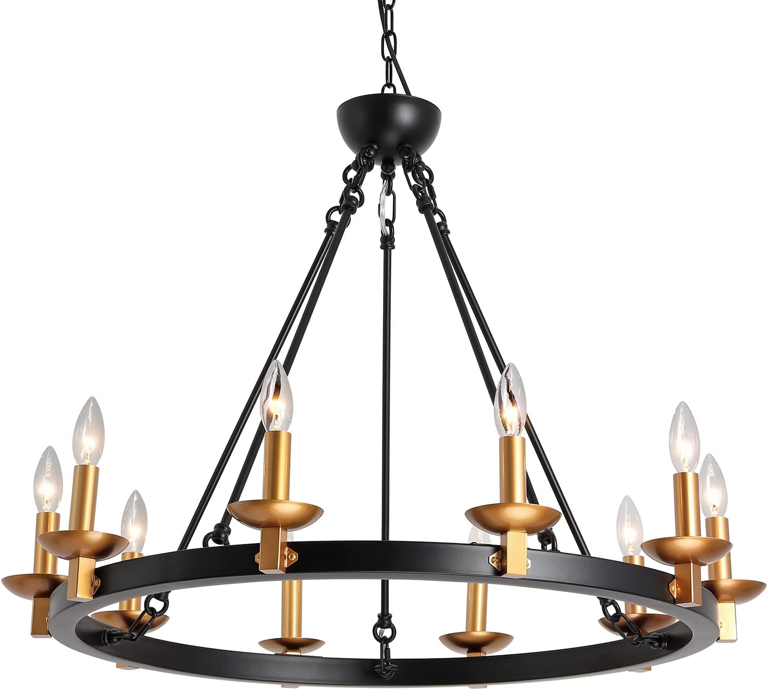 Farmhouse Rustic Chandelier, 10-Lights Black Wagon Wheel Pendant Candle Style Round Kitchen Island Light for Dining Room, Foyer Living Room