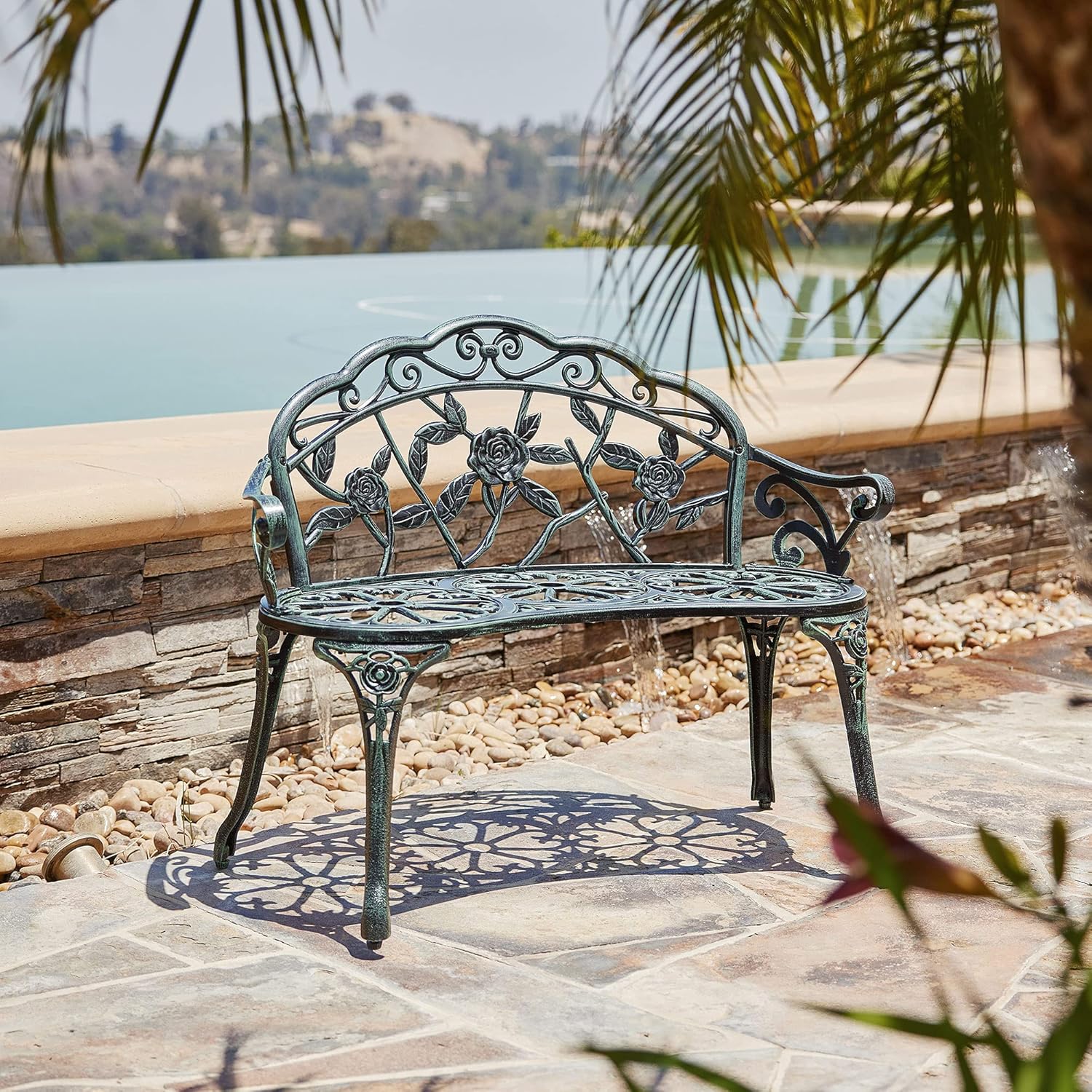 BELLEZE Antique Designed Rose Style Outdoor Patio Park Garden Bench Bronze Love Seat Cast Iron Backyard Porch Home Pool