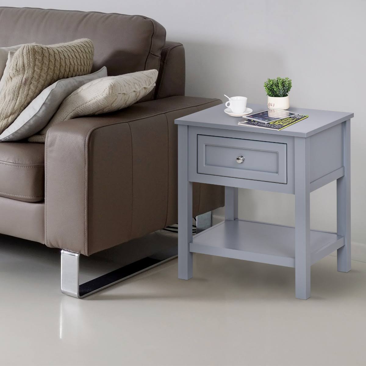 HOMCOM Accent End Table Nightstand with Grey Tabletop, Storage Drawer, and Bottom Shelf