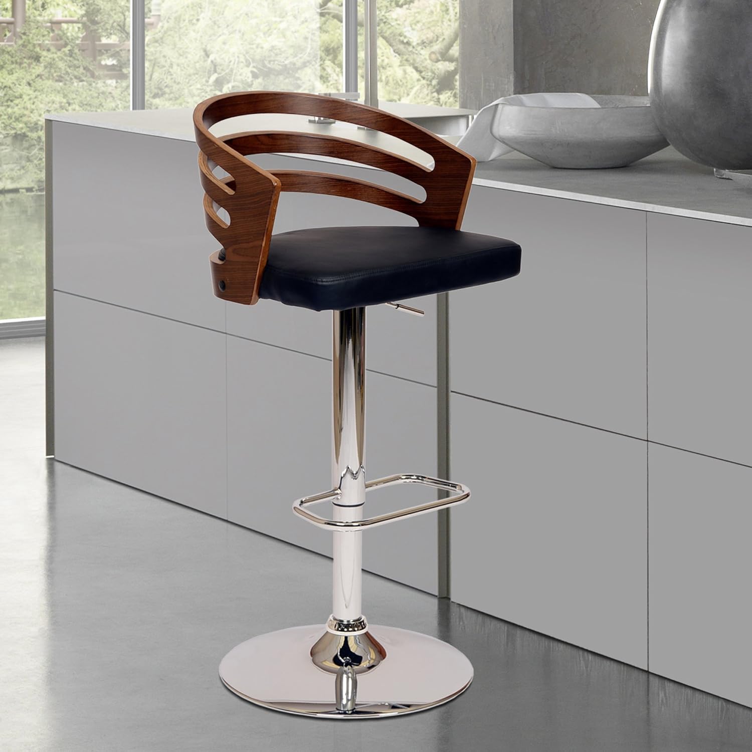 Armen Living Adele Swivel Barstool in Black Faux Leather and Chrome Finish, 36-44