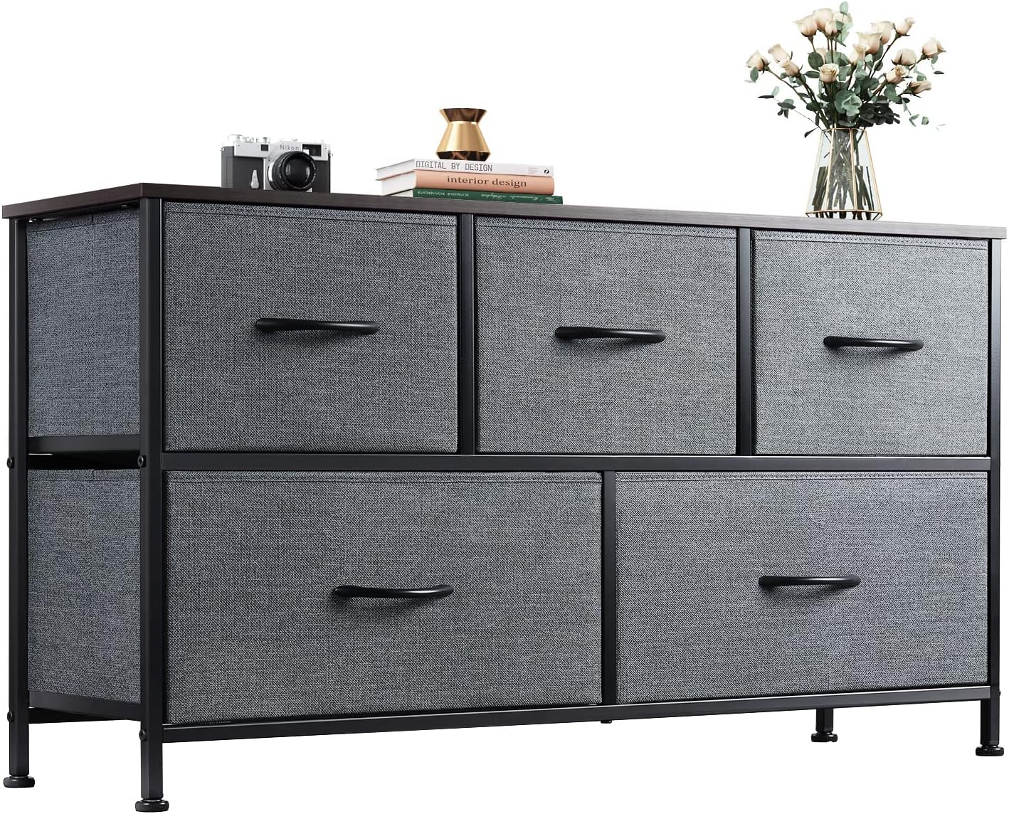 WLIVE Dresser with 5 Drawers, Fabric Storage Tower, Industrial Dresser for Bedroom, Hallway, Entryway, Closets, Sturdy Steel Frame, Wood Top, Easy Pull Handle, Black