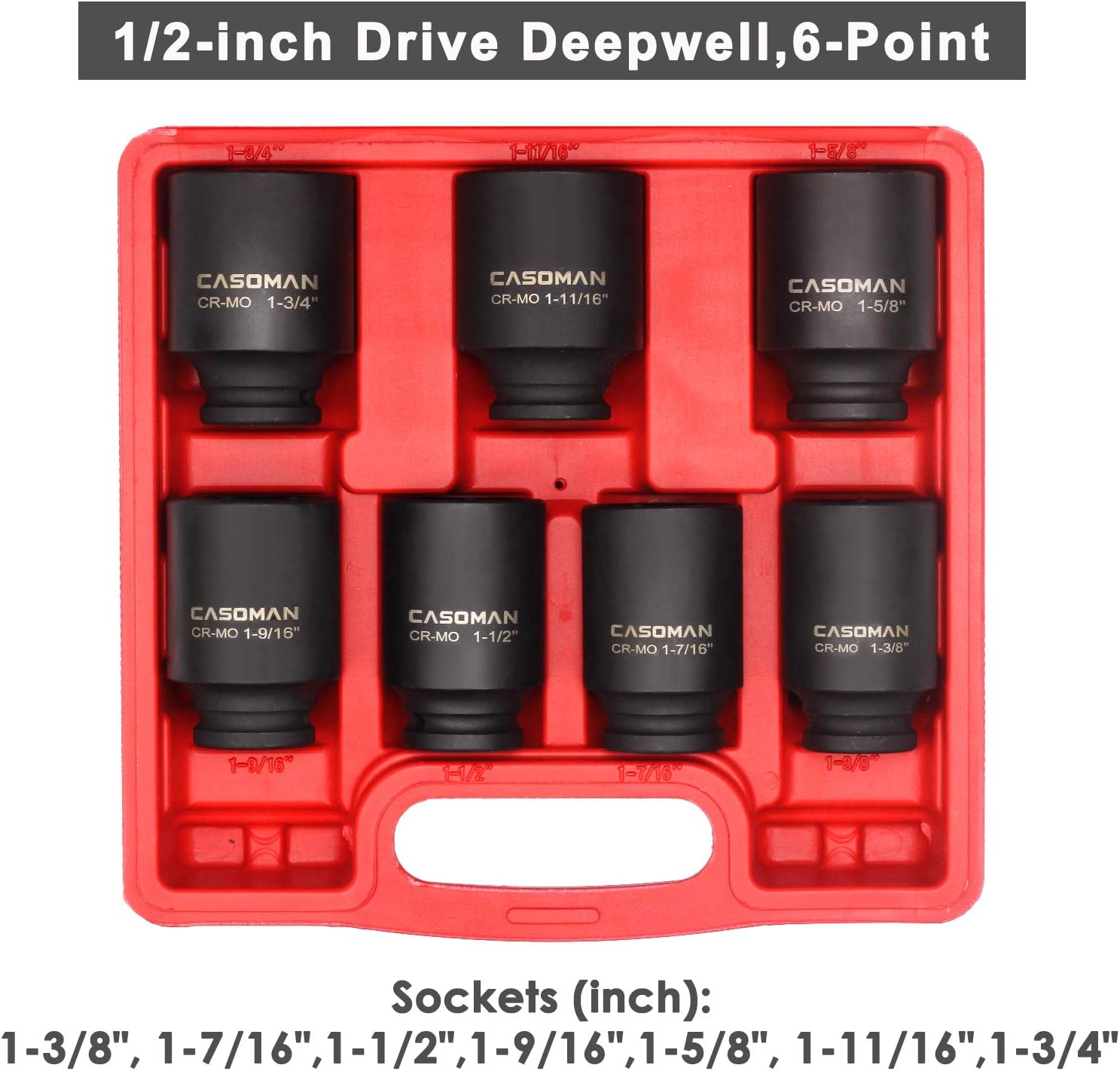 CASOMAN 1/2-Inch Drive Deep Spindle Axle Nut Impact Socket Set, 1/2