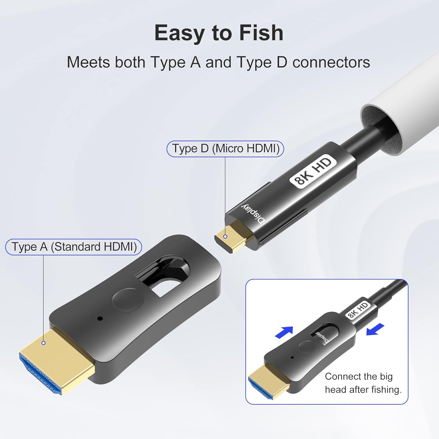8K Fiber Optic HDMI Cable 50ft, DGHUMEN Detachable Long HDMI Cable (HDMI 2.1, 48Gpbs, 8K@60Hz, 4K@120Hz) with Dual Micro HDMI and Standard HDMI Connectors